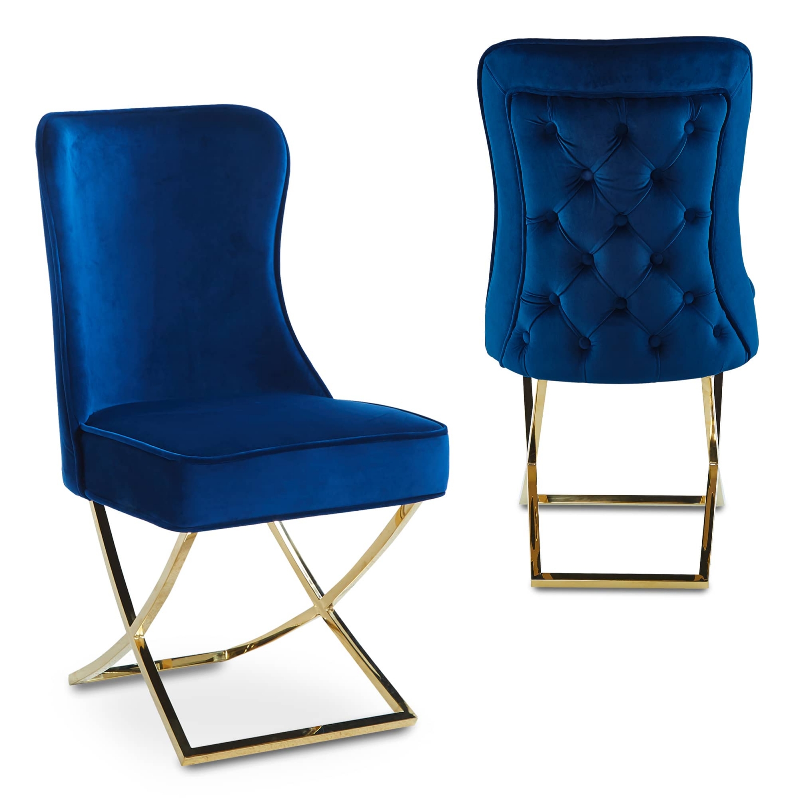 Lot de 2 chaises en velours bleu pieds en métal doré