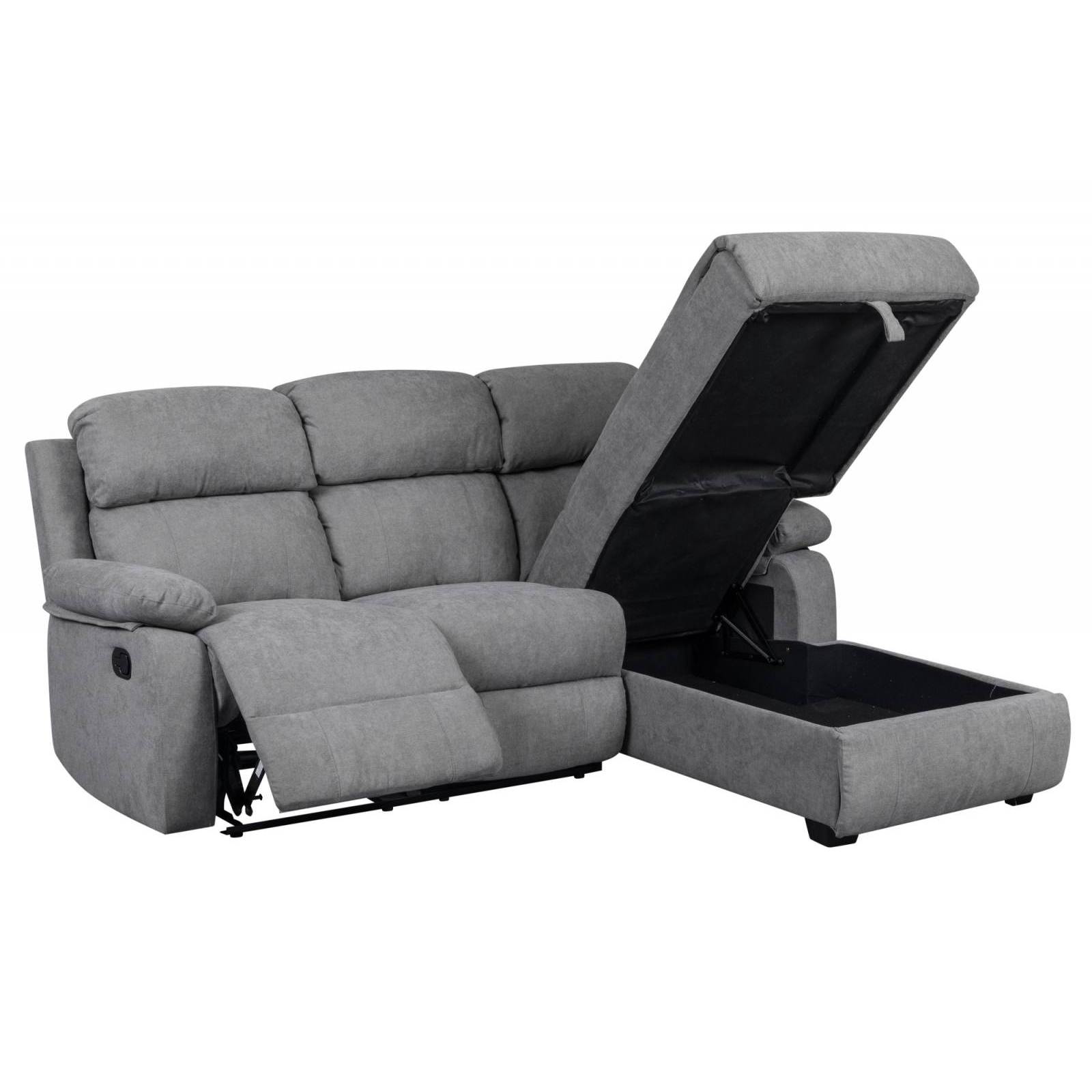 Canapé d'angle relax gris angle droit avec méridienne et coffre de rangement