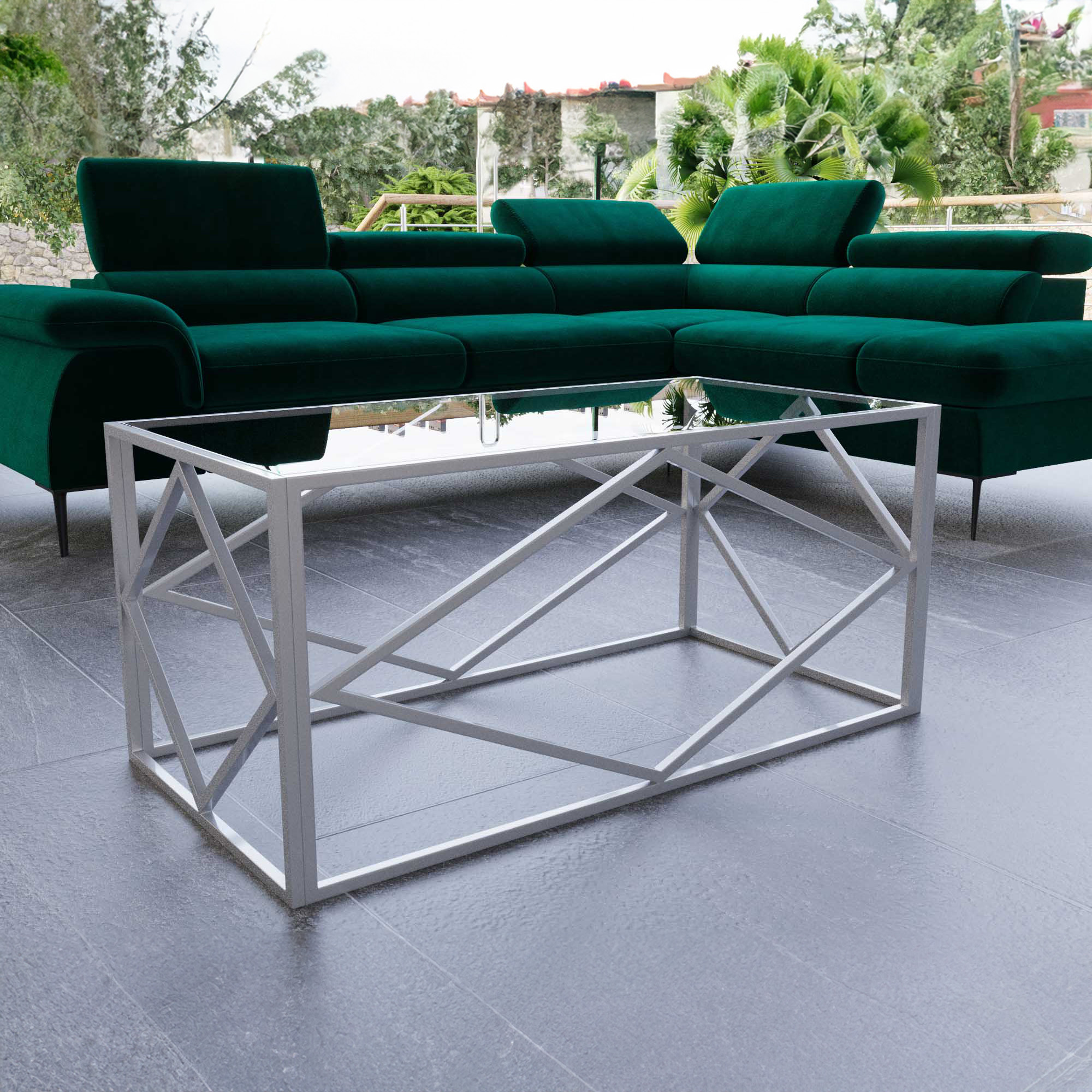 Table basse rectangulaire en verre et métal argenté