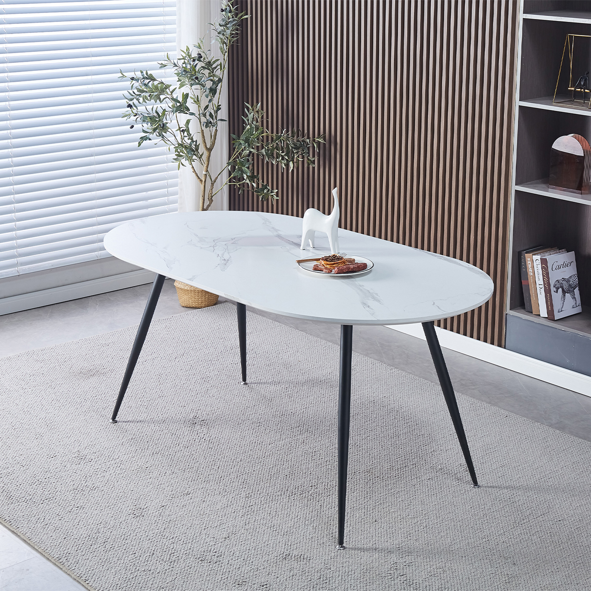 Table à manger design ovale effet marbre blanc