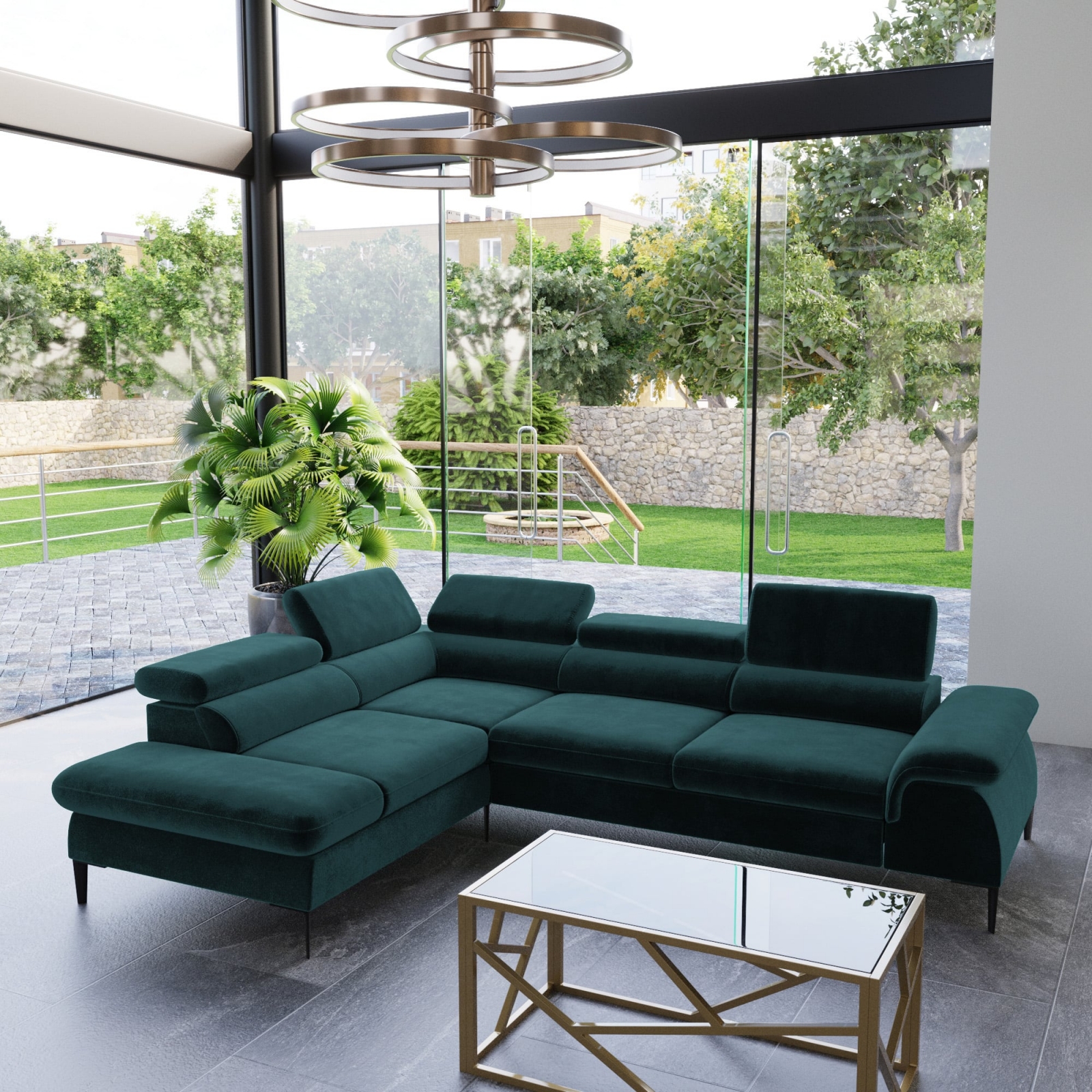 Canapé d'angle convertible avec coffre en velours chiné vert LUFY - Angle gauche