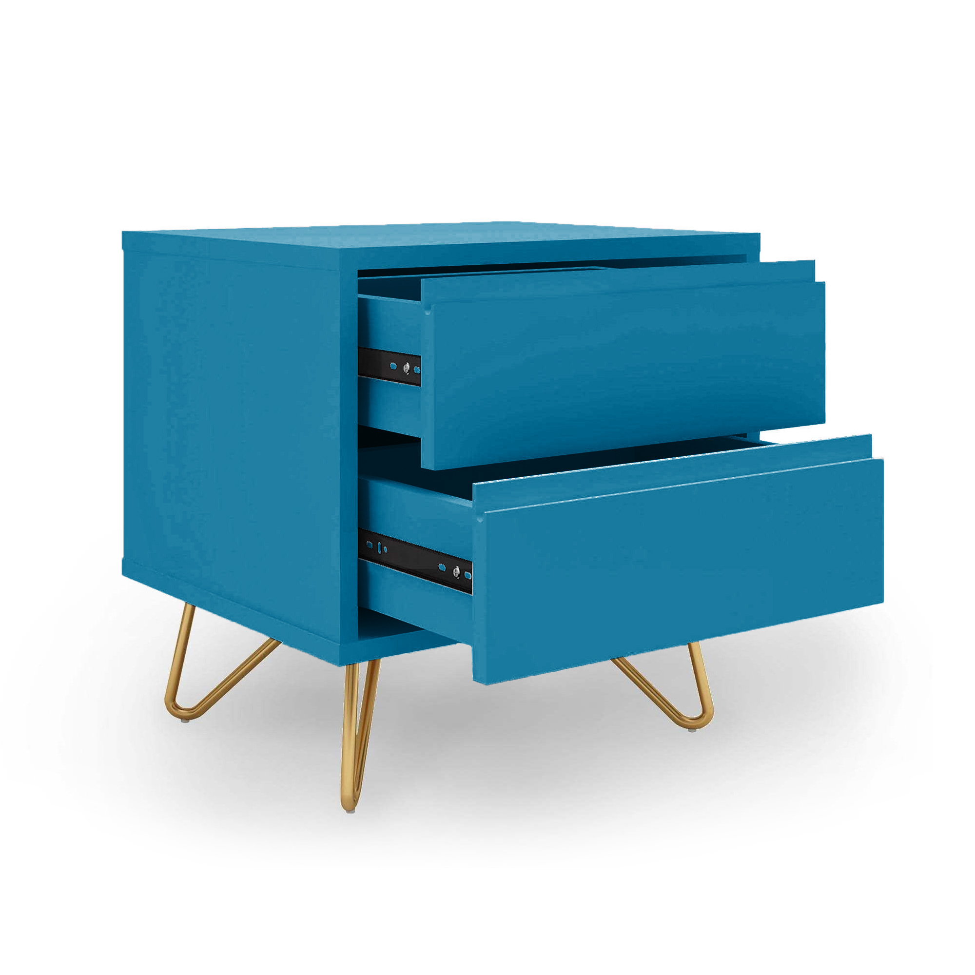 Table de chevet design avec 2 tiroirs bleu canard