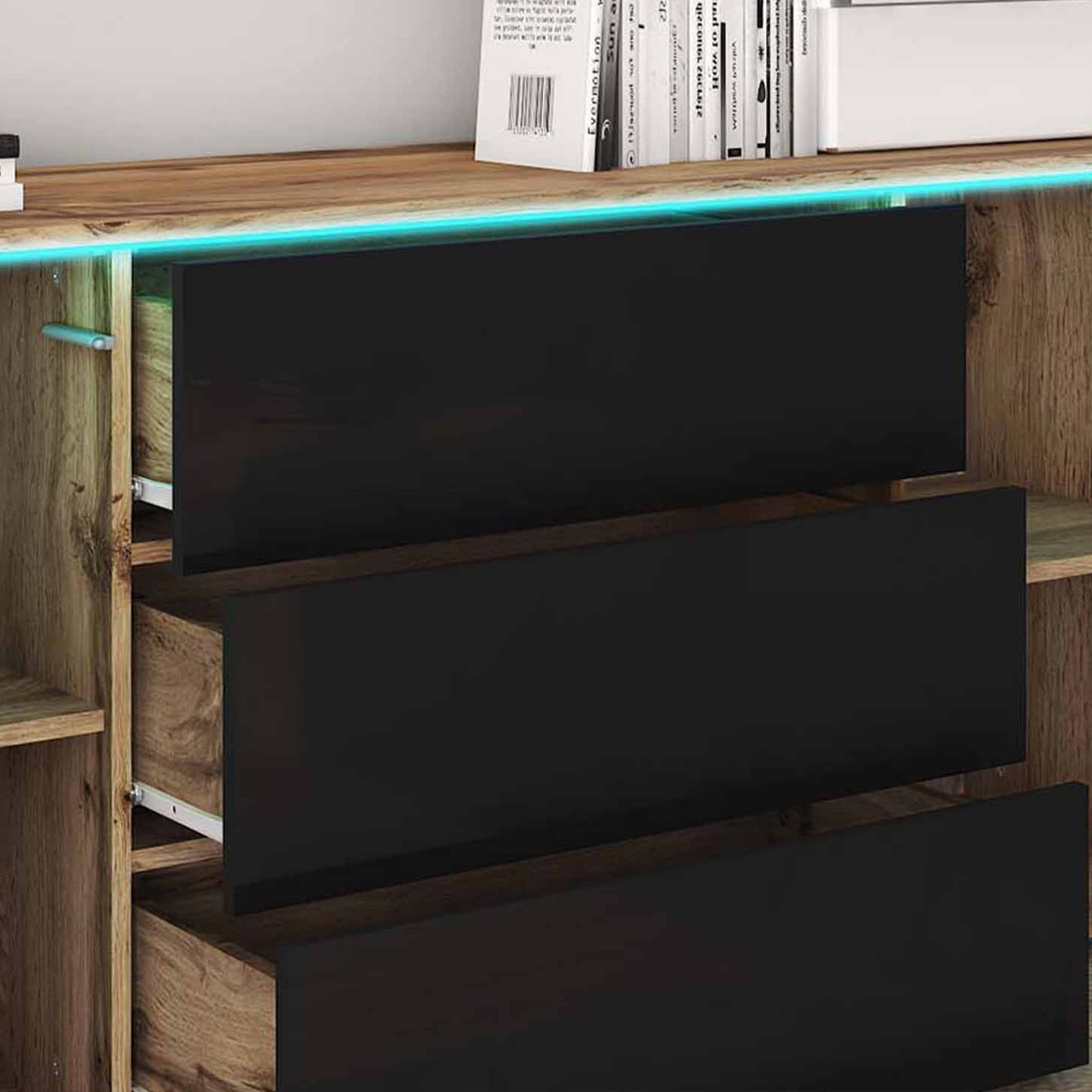Buffet commode 3 tiroirs 2 portes chêne et noir avec LED