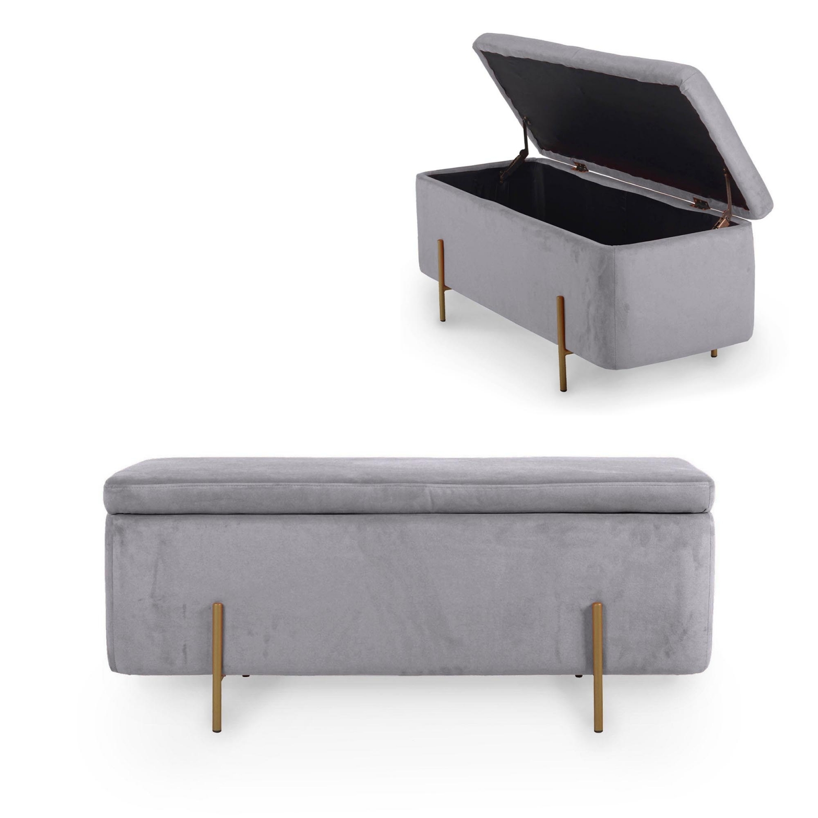 Pouf avec coffre de rangement en velours gris avec pied doré Chest