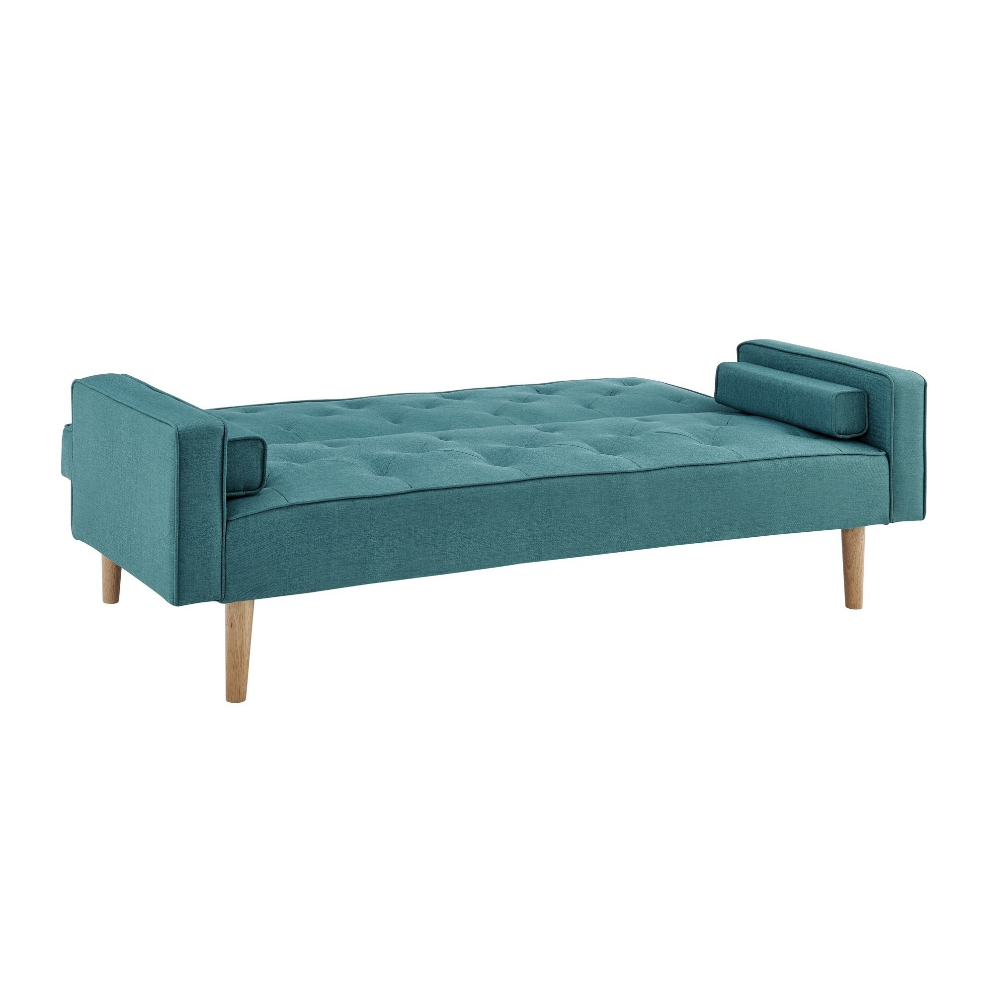 Canapé clic clac en tissu bleu avec pieds en bois