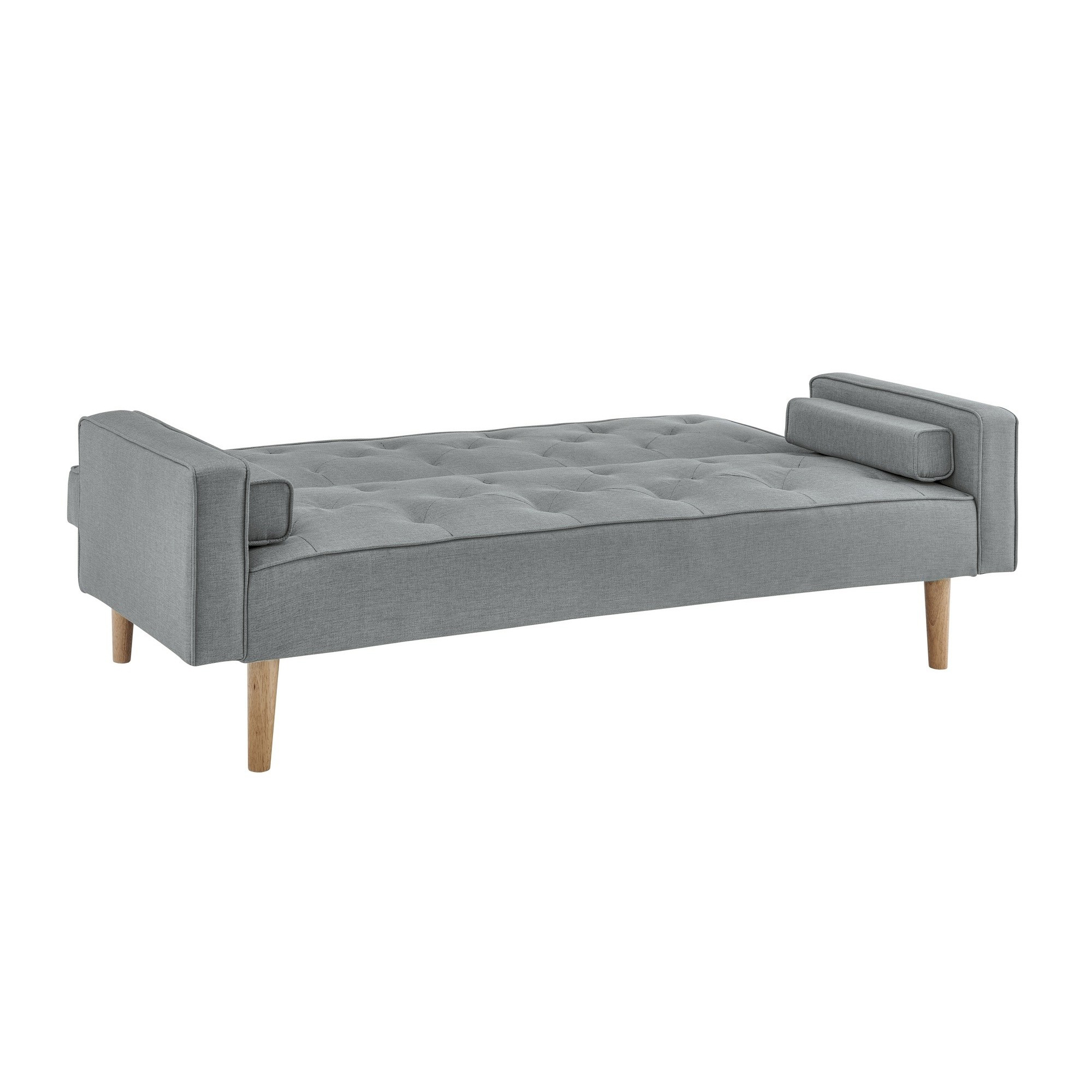Canapé clic clac en tissu gris clair avec pieds en bois