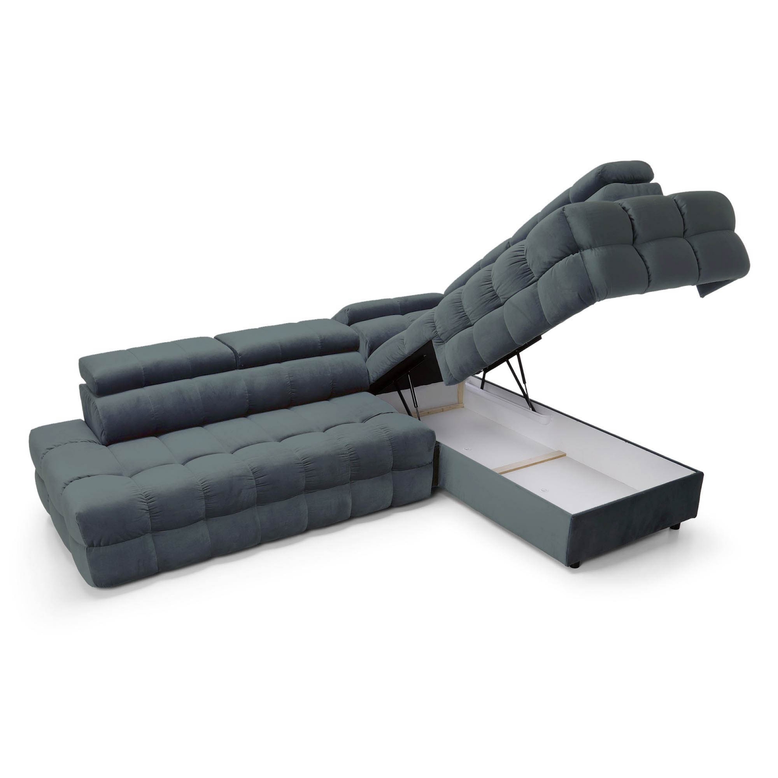 Canapé d’angle convertible matelassé avec coffre en velours gris - Angle droit