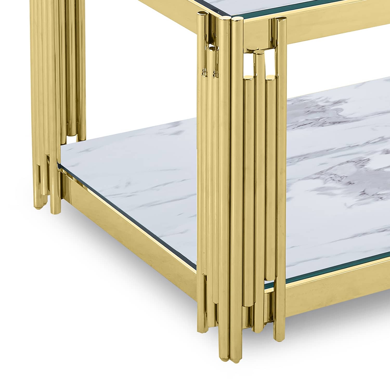 Table basse rectangle en verre effet marbre blanc et pieds en métal doré