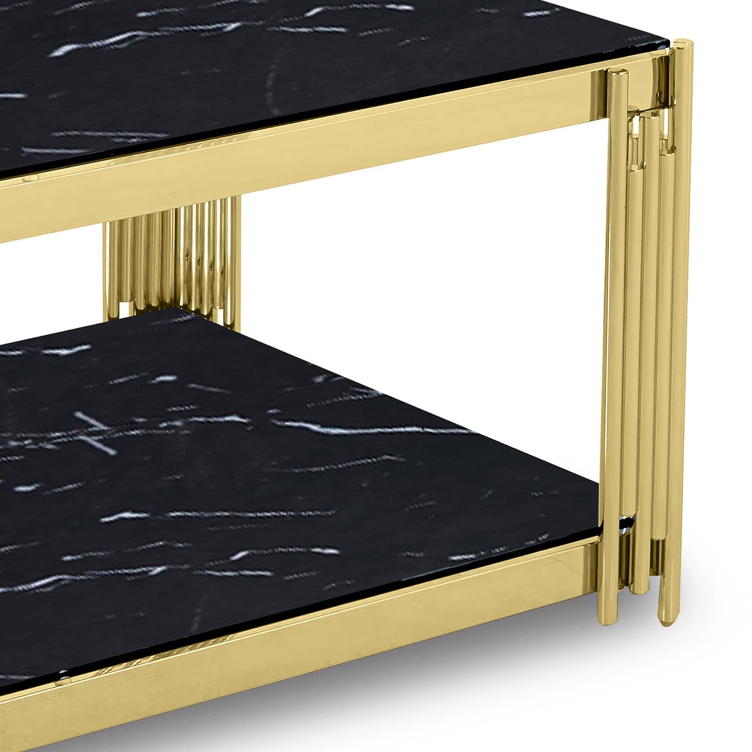 Table basse rectangle en verre effet marbre noir et pieds en métal doré