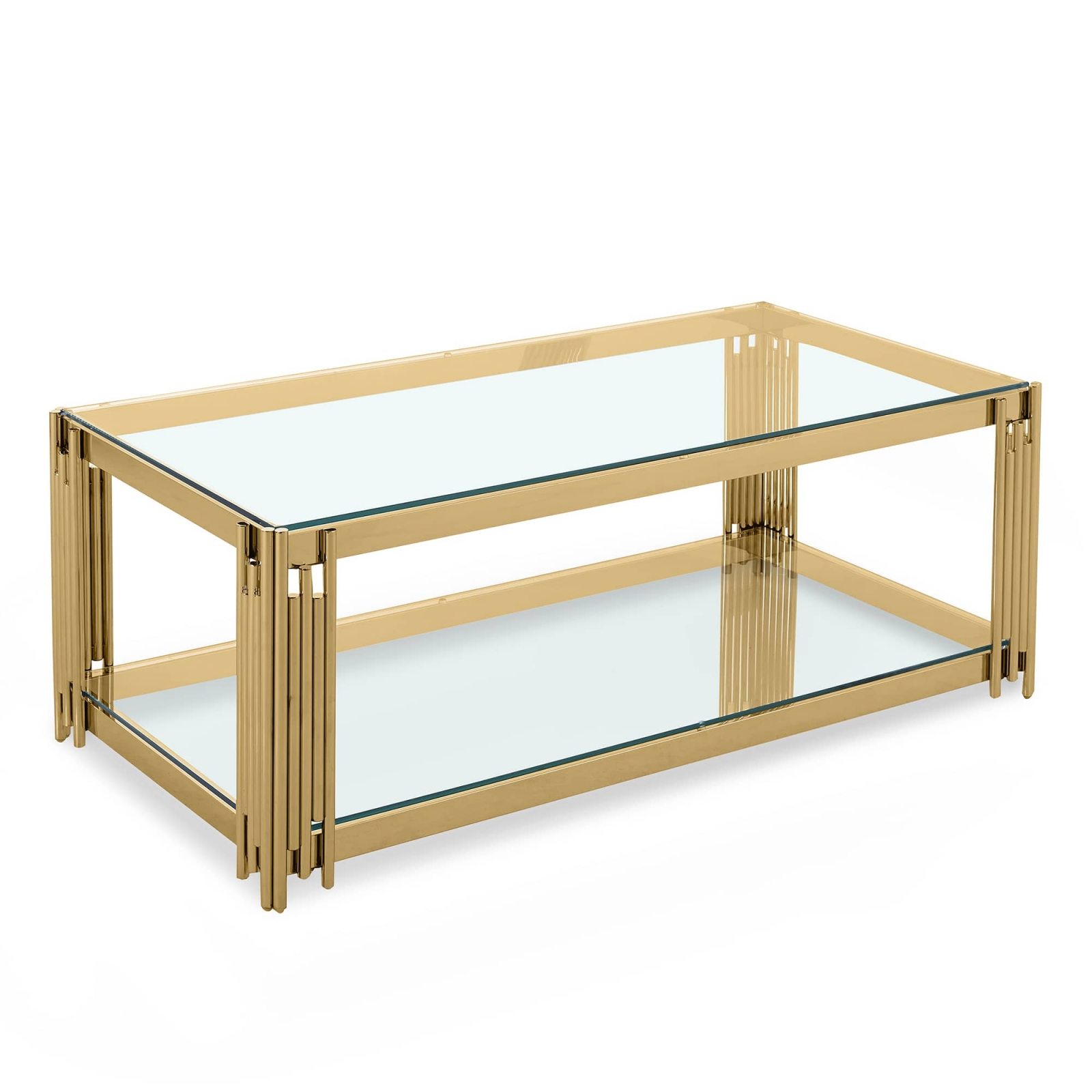 Table basse rectangle en verre trempé et pieds en métal doré
