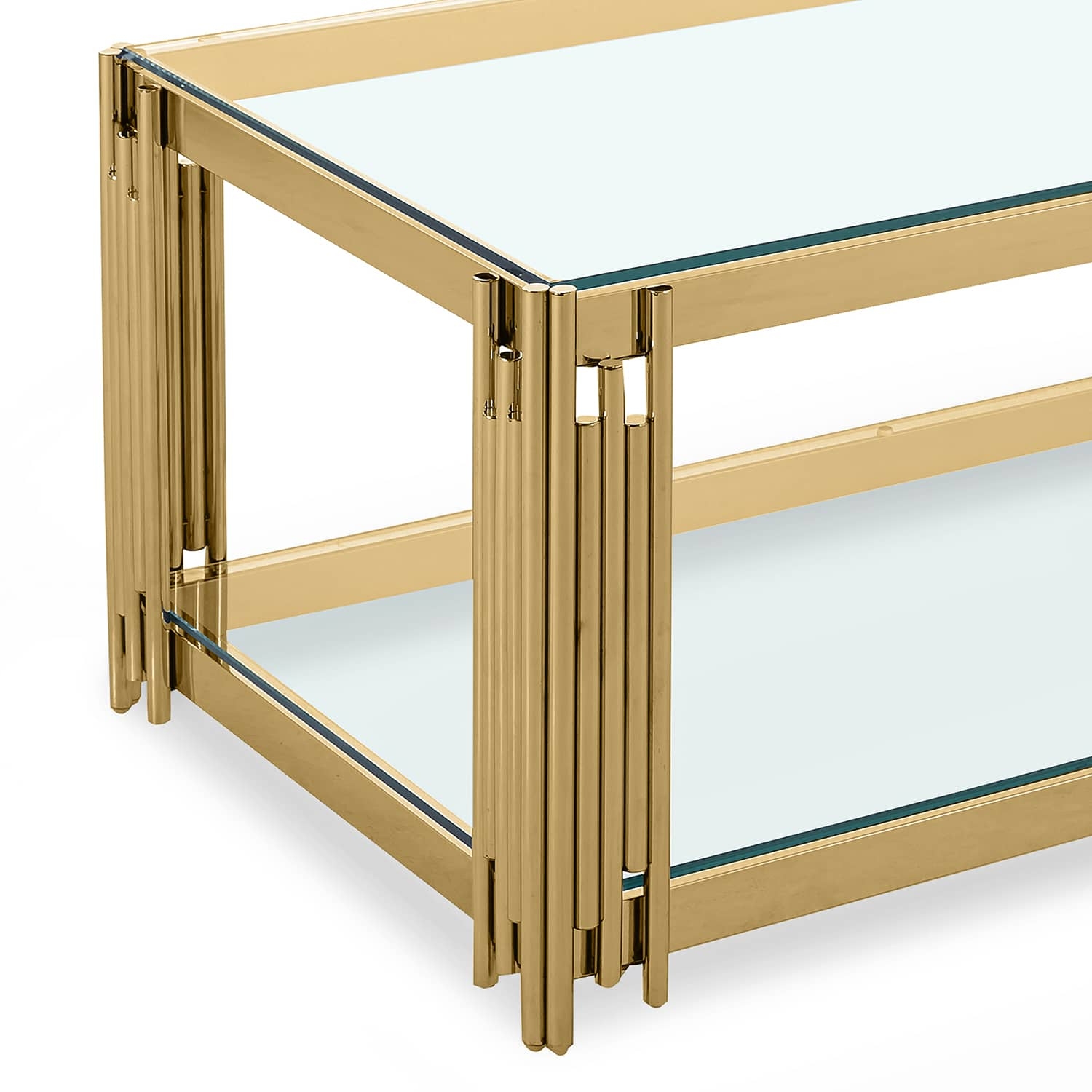 Table basse rectangle en verre trempé et pieds en métal doré