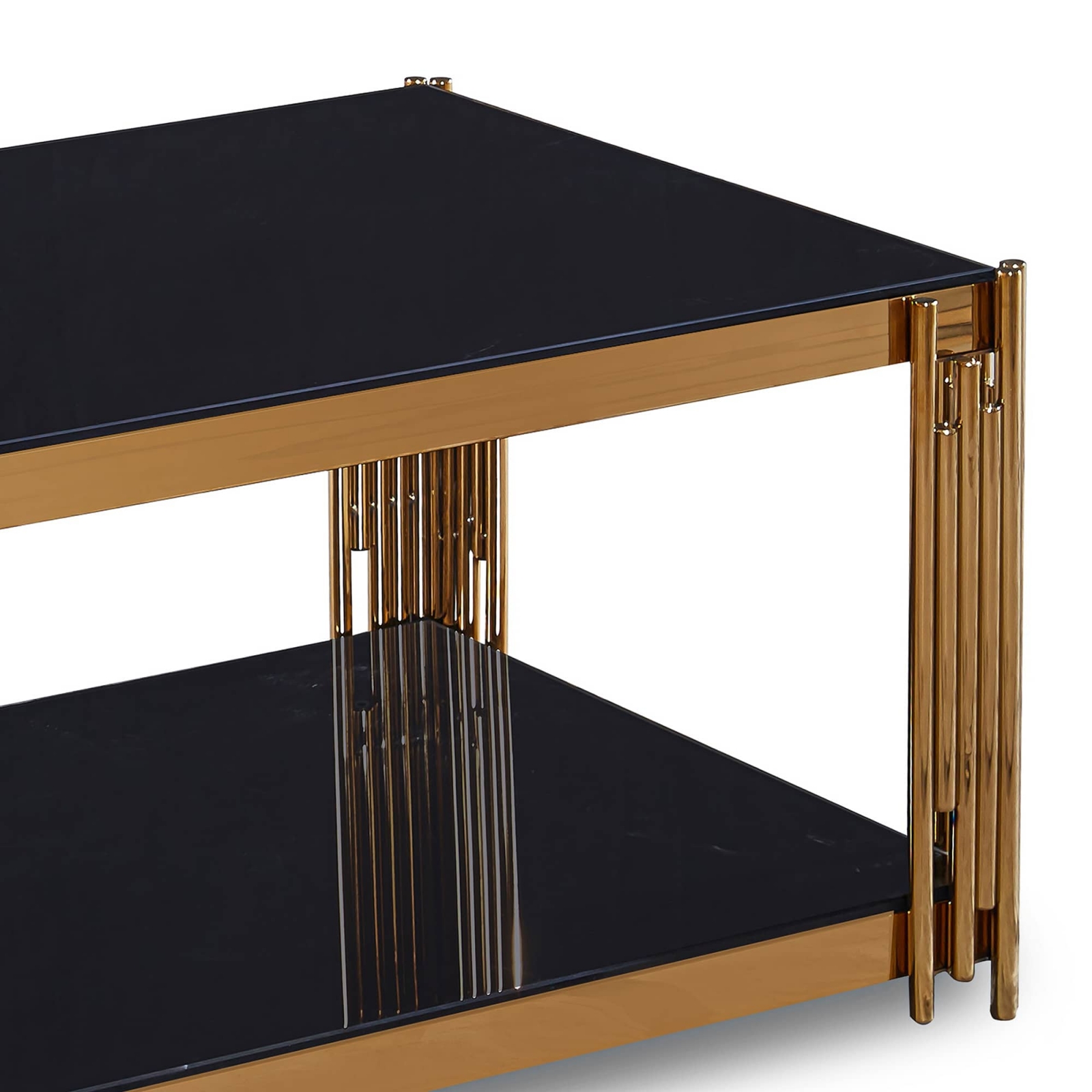 Table basse rectangle en verre trempé noir et pieds en métal doré