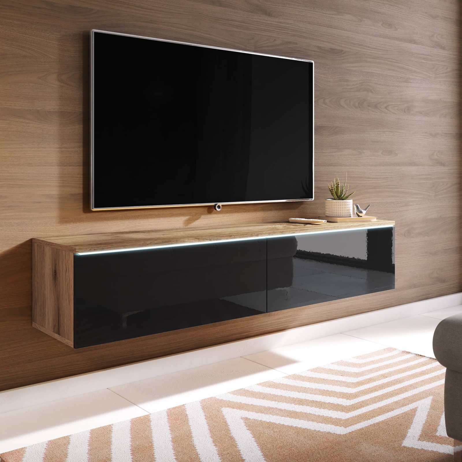 Meuble TV chêne vieilli et noir laqué avec LED 2 portes - 140 cm