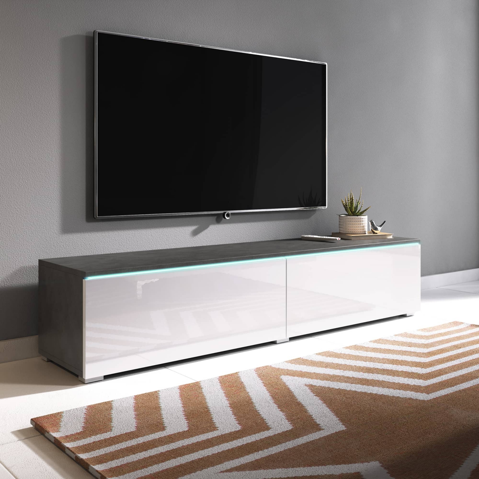 Meuble TV contemporain gris et blanc avec LED 2 portes MARA - 140 cm