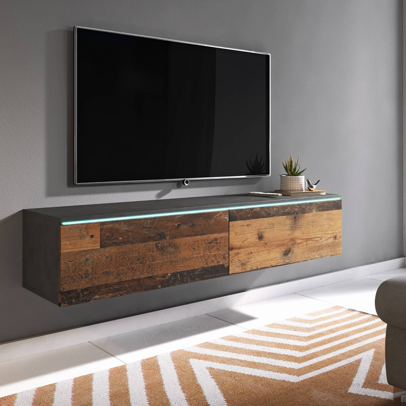 Meuble TV contemporain gris foncé et chêne avec LED 2 portes - 140 cm