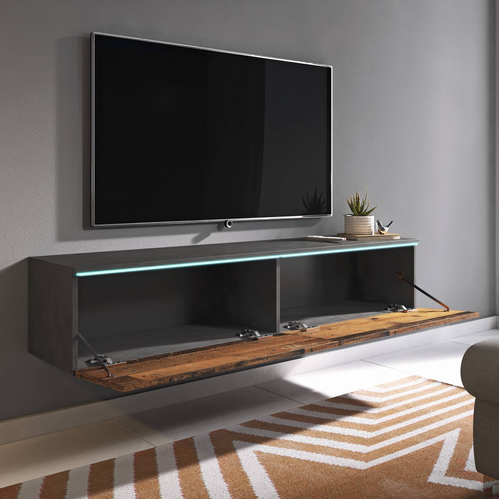 Meuble TV contemporain gris foncé et chêne avec LED 2 portes - 140 cm