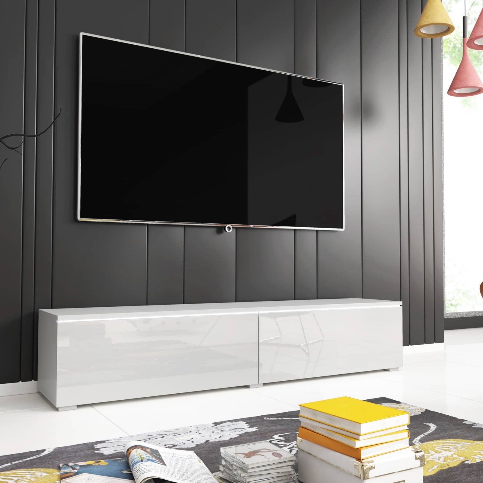Meuble TV contemporain laqué blanc avec LED 2 portes - 140 cm