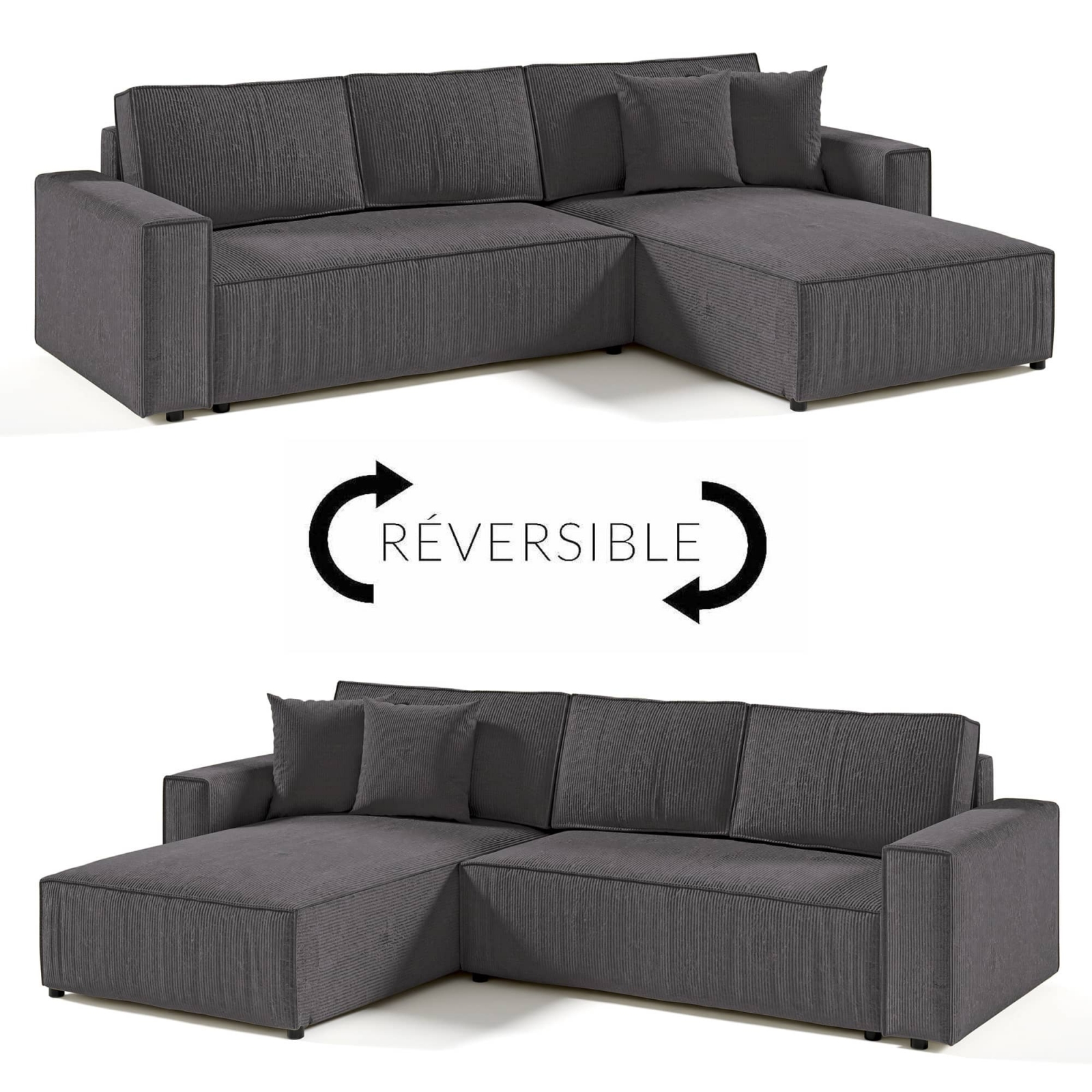 Canapé d'angle convertible avec coffre en velours côtelé gris MARTY - Angle droit