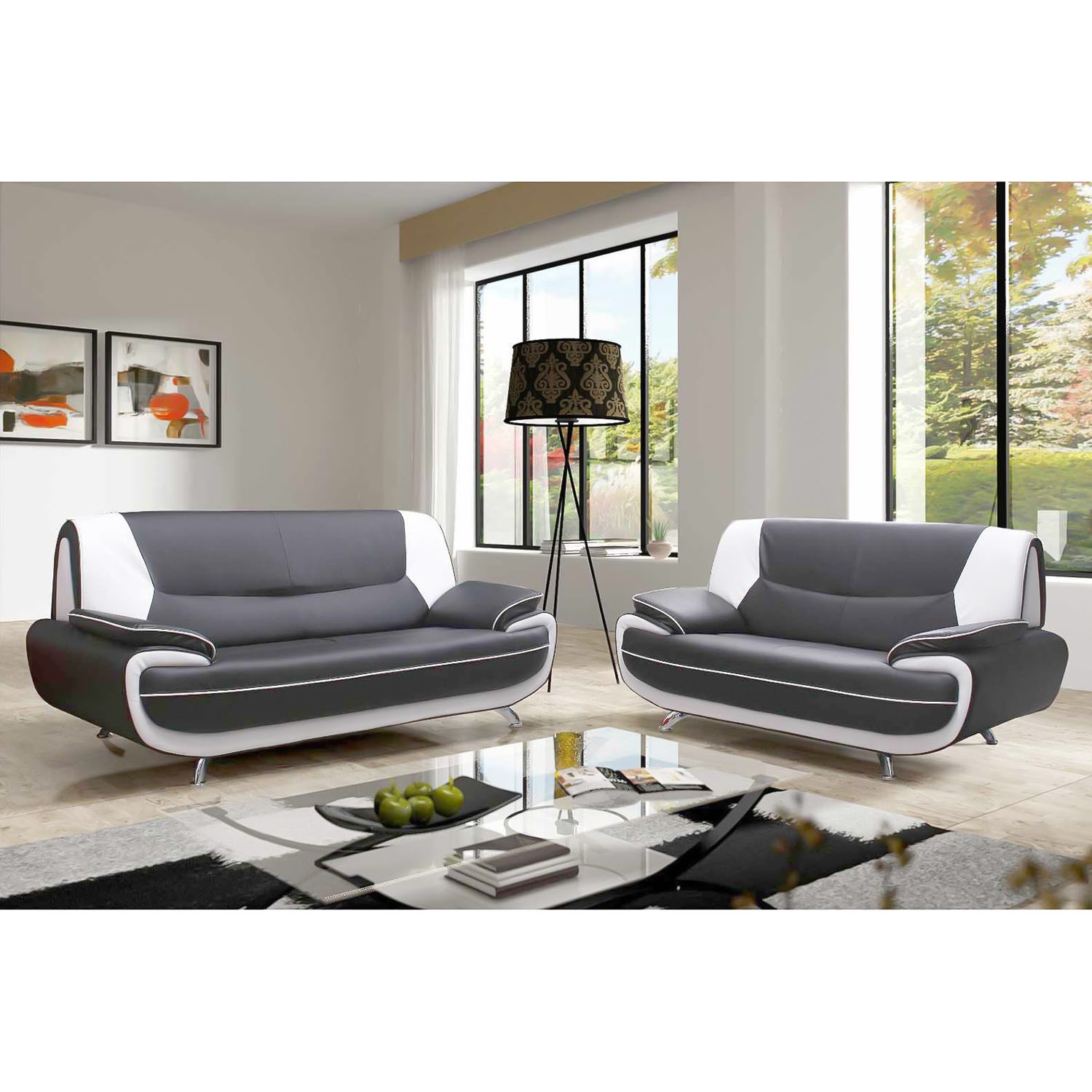 Ensemble canapé design en simili cuir gris et blanc