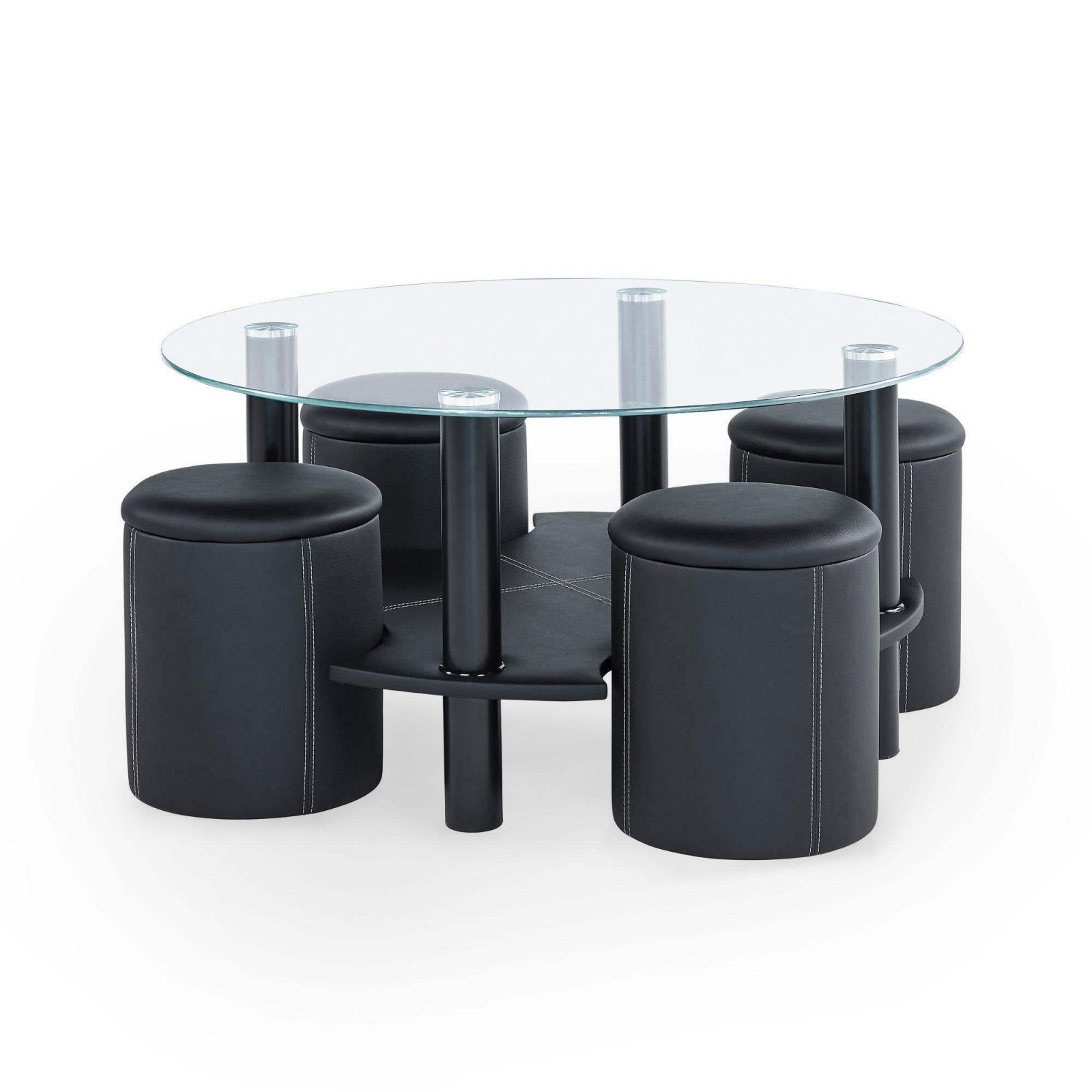 Table basse ronde en verre équipée de 4 poufs contemporain