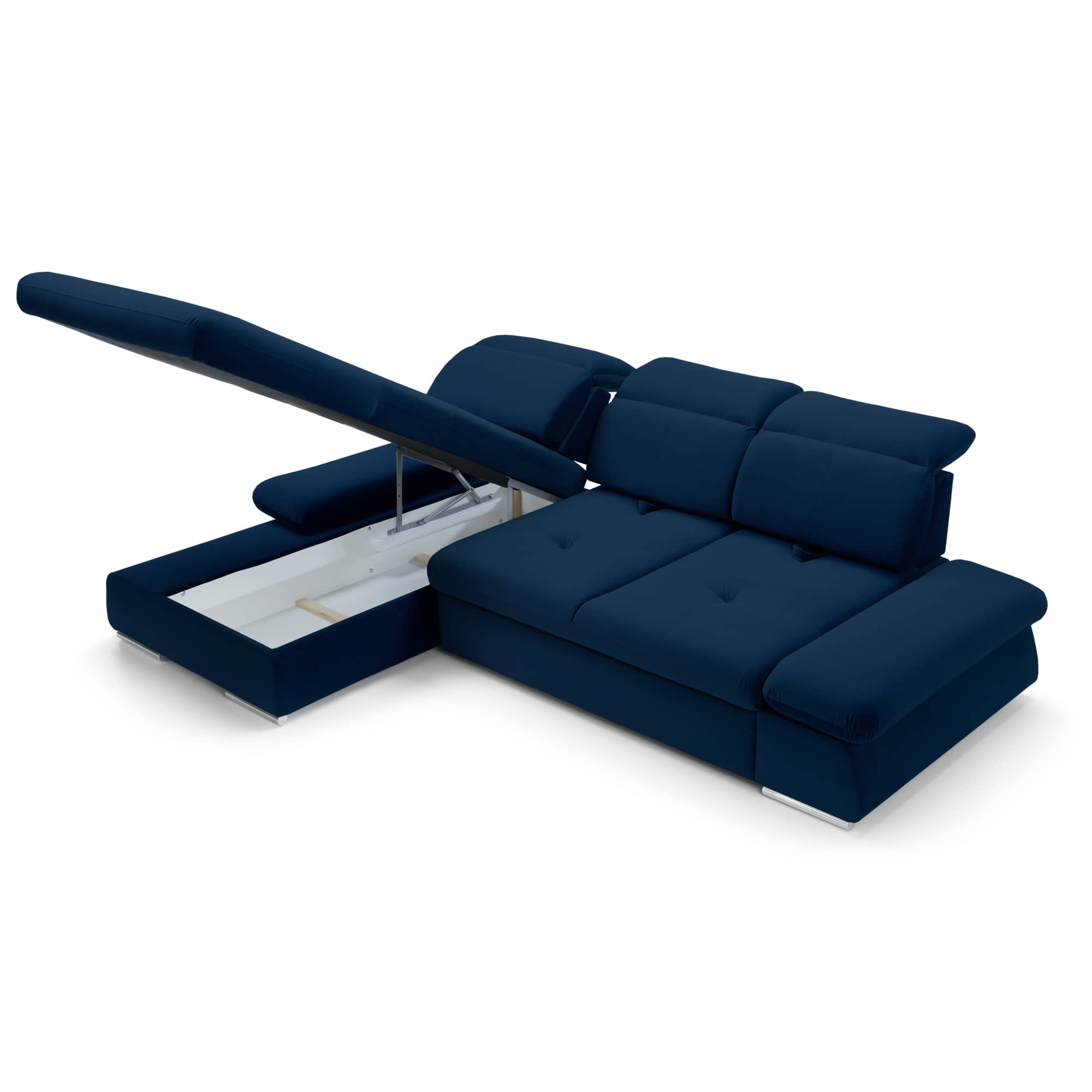 Canapé d'angle convertible avec coffre en velours bleu foncé - Angle gauche