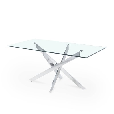 Table à manger design rectangulaire en verre pieds argentés