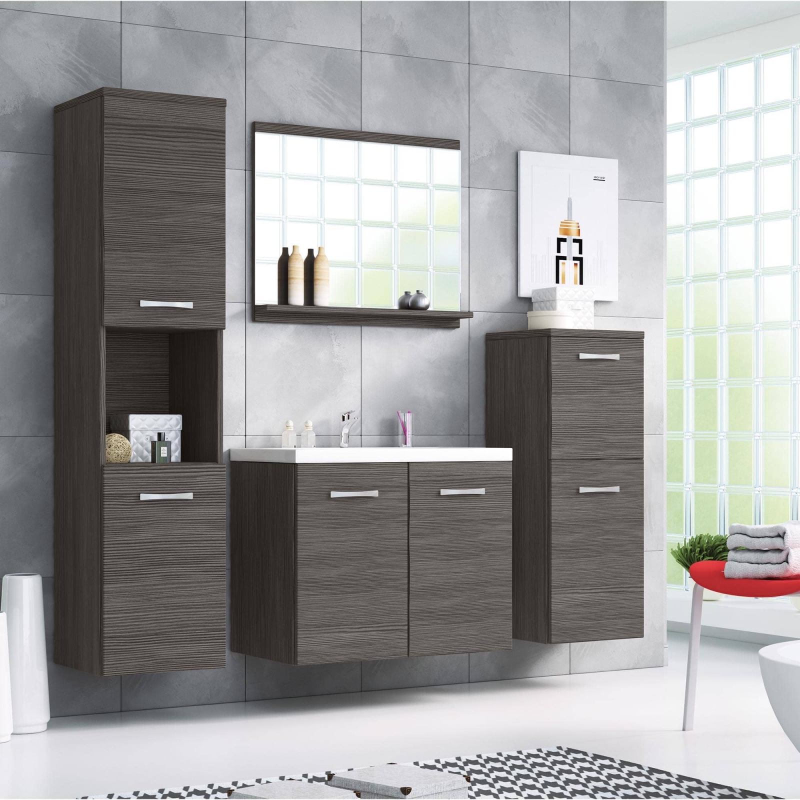Ensemble Meubles Salle De Bain 100cm Vasque + Colonne + Miroir LED Chene Wotan