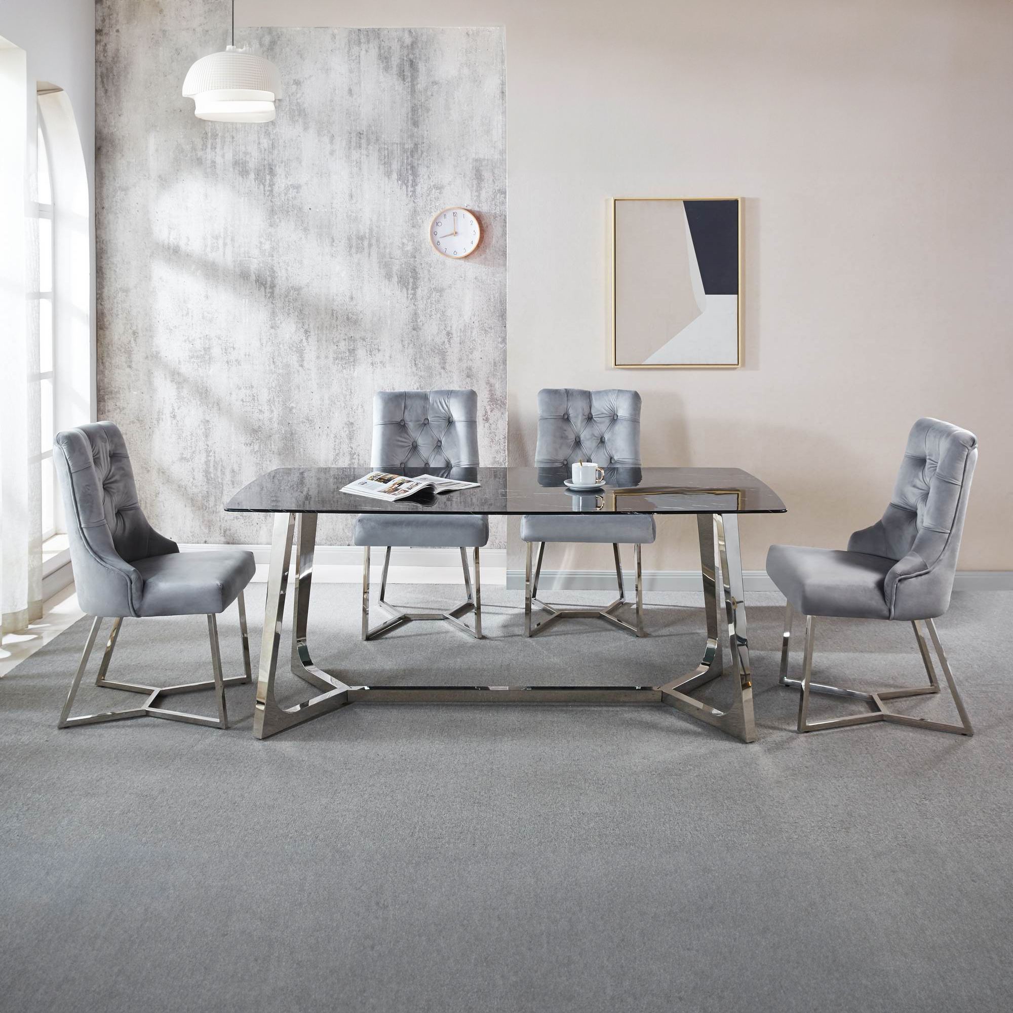 Table à manger rectangulaire design effet marbre noir et argenté