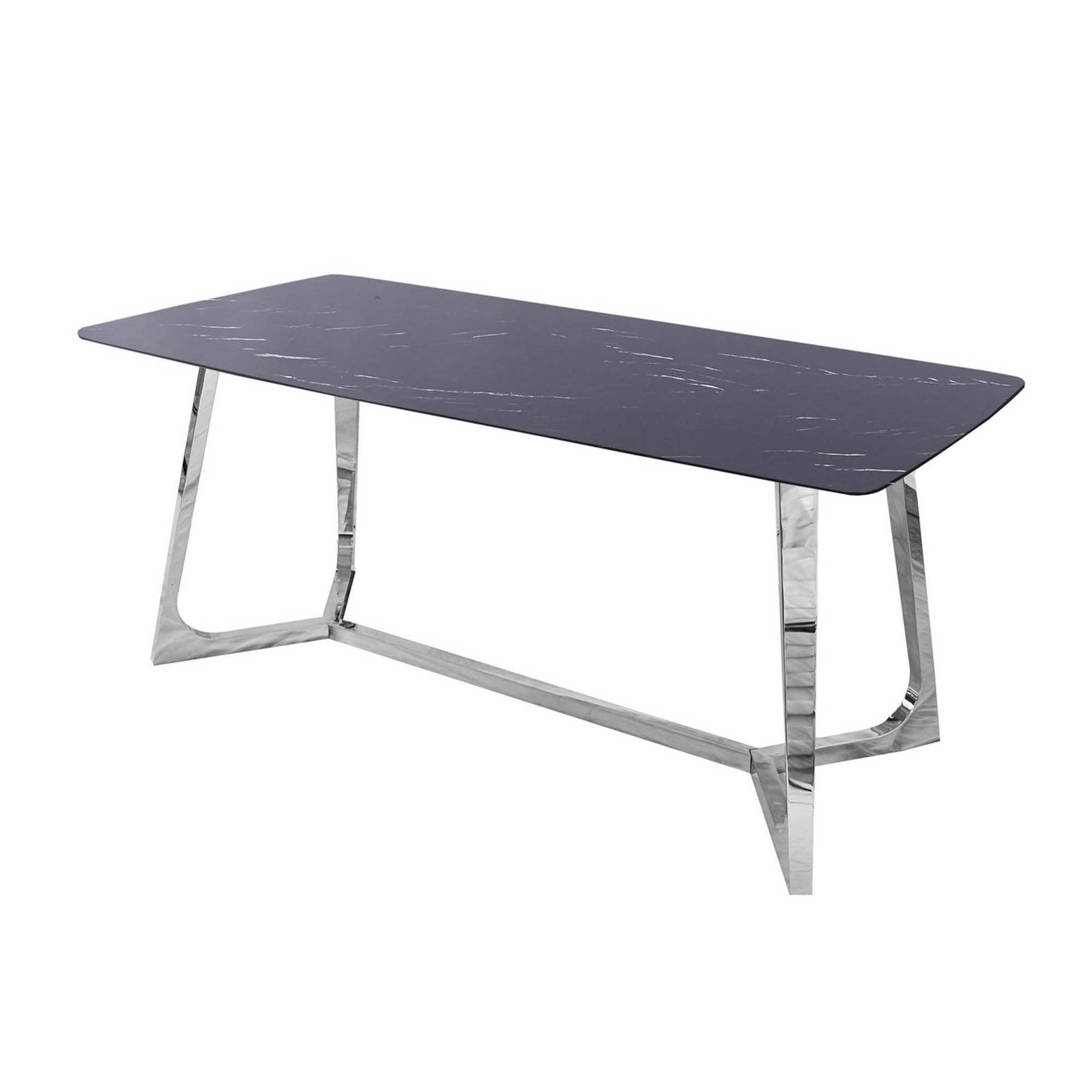 Table à manger rectangulaire design effet marbre noir et argenté