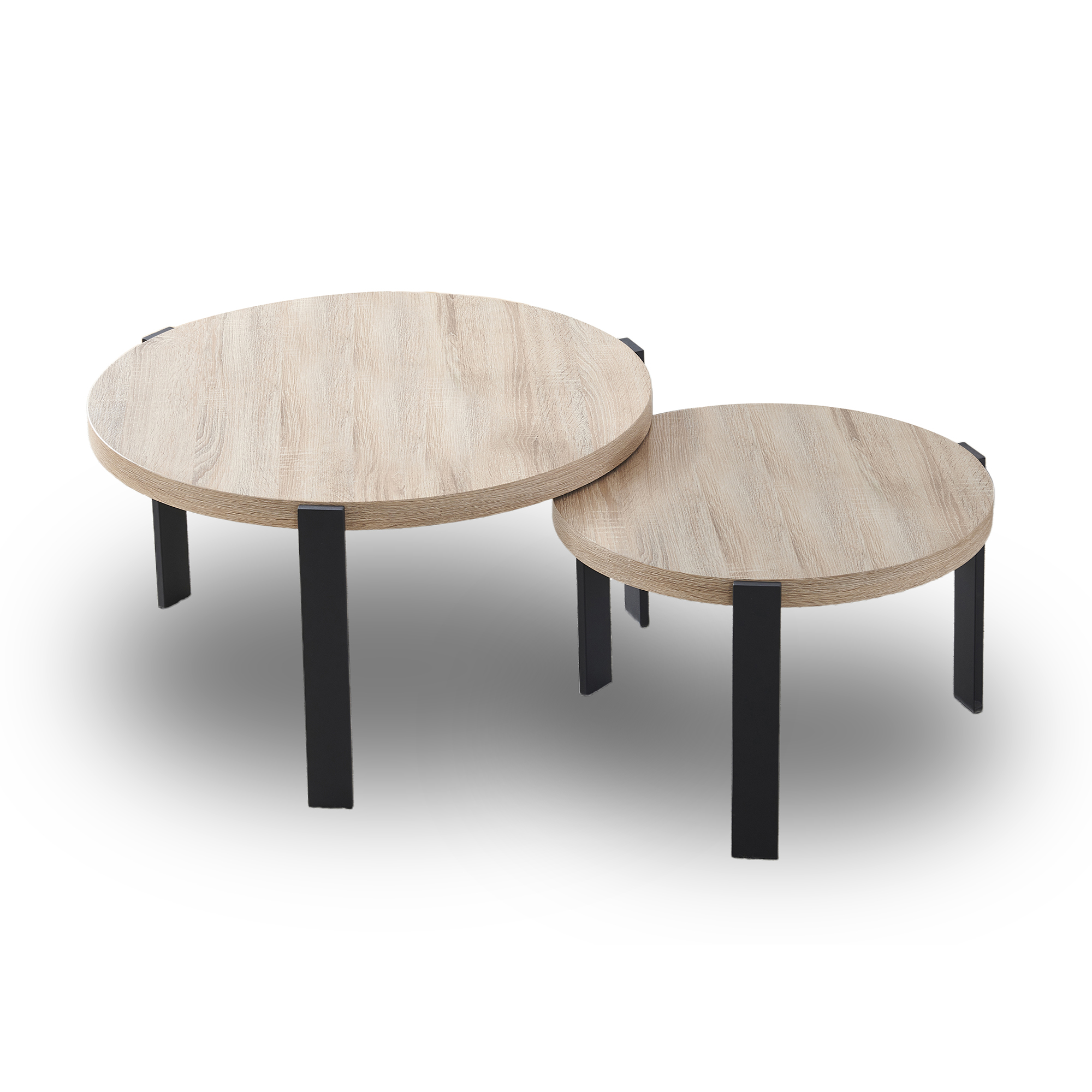 Lot de 2 tables basses rondes gigognes en bois piètement métal noir