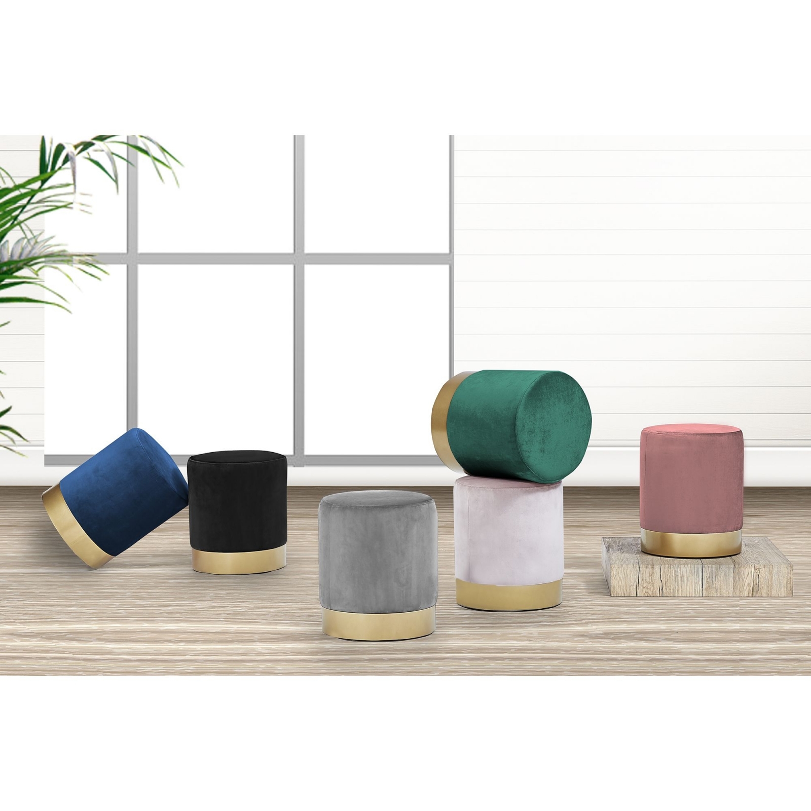 Pouf rond en velours gris et métal doré