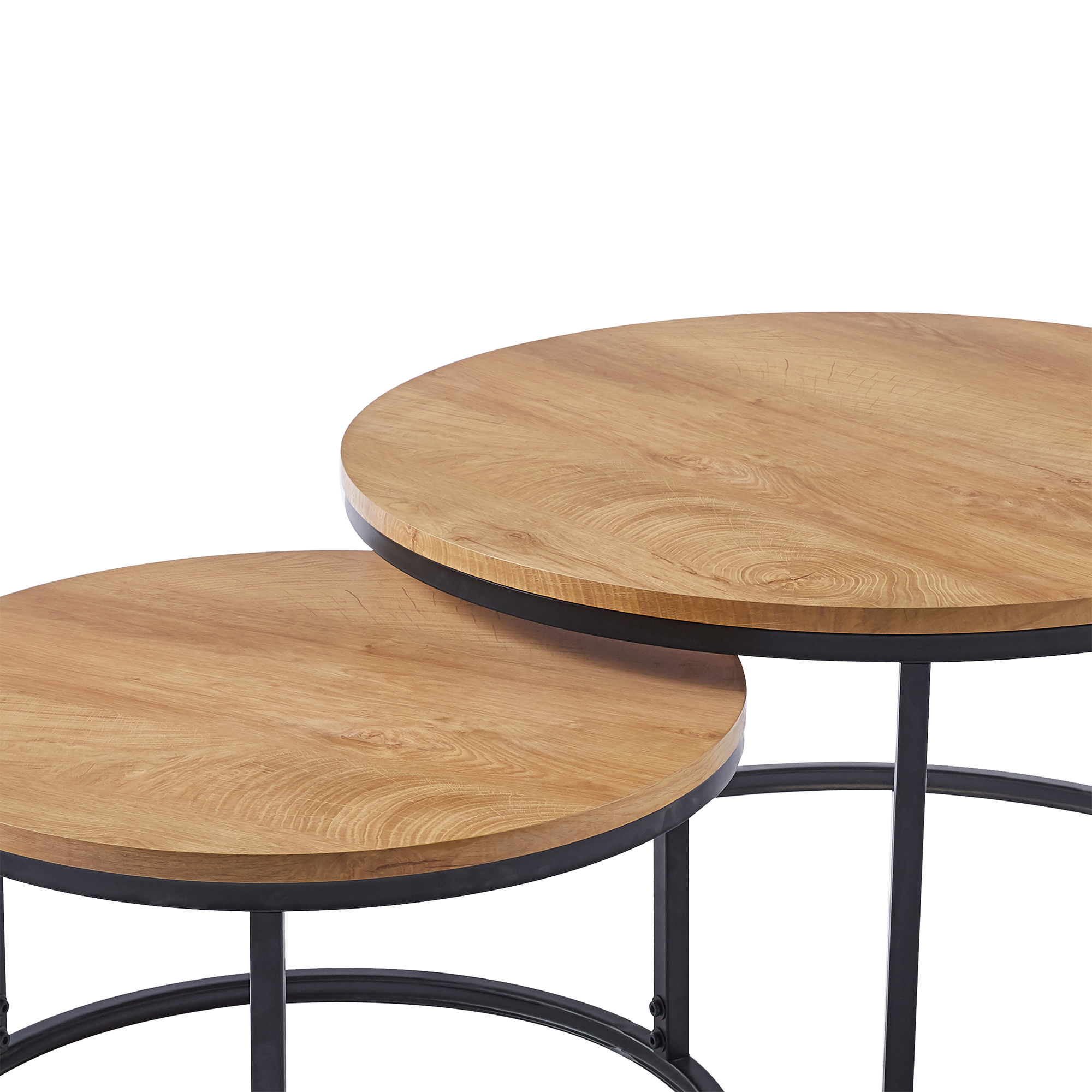 Lot de 2 tables basses rondes gigognes en bois et métal noir