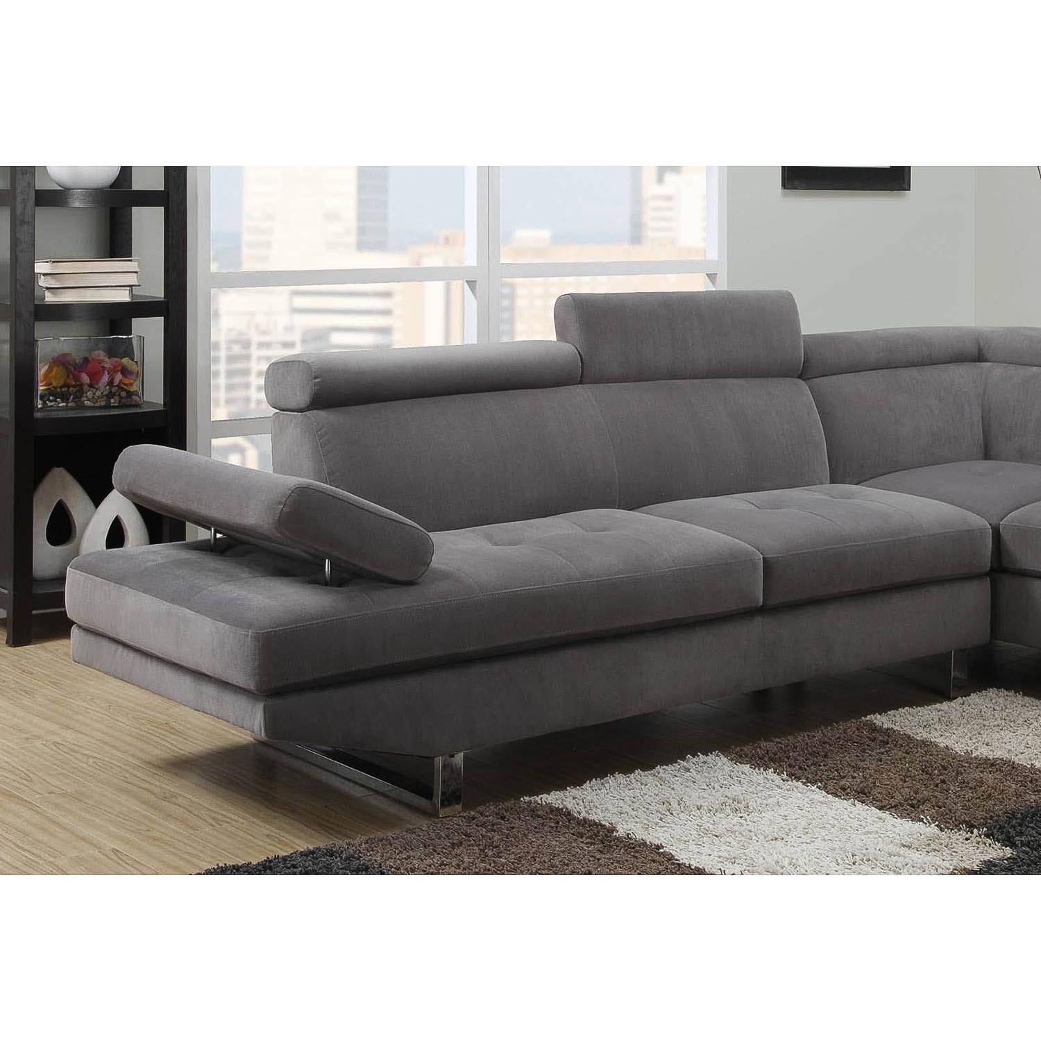 Canapé d'angle droit design en tissu gris avec têtières ajustables