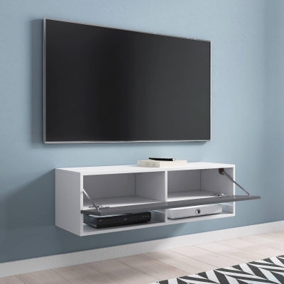 Meuble TV suspendu 1 porte 2 niches blanc et gris - 100 cm