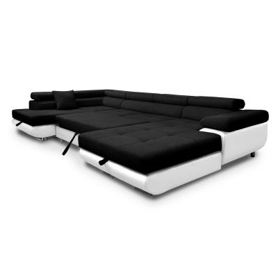 Canapé panoramique convertible en tissu noir et simili blanc coffre de rangement - Angle Droit