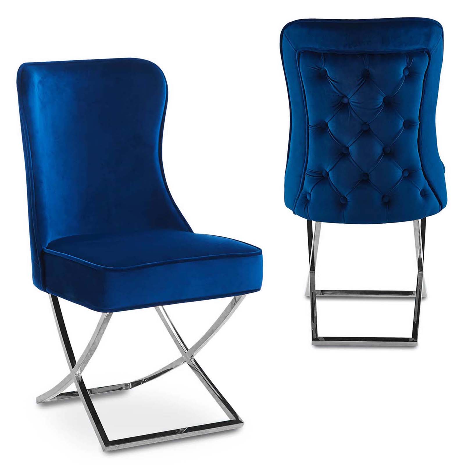 Lot de 2 chaises en velours bleu pieds en métal argenté