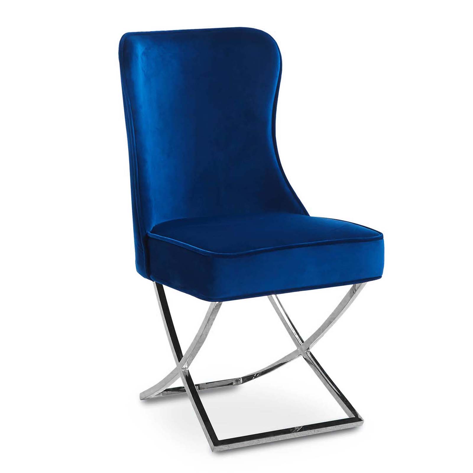 Lot de 2 chaises en velours bleu pieds en métal argenté