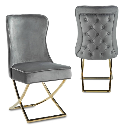 Lot de 2 chaises en velours gris pieds en métal doré