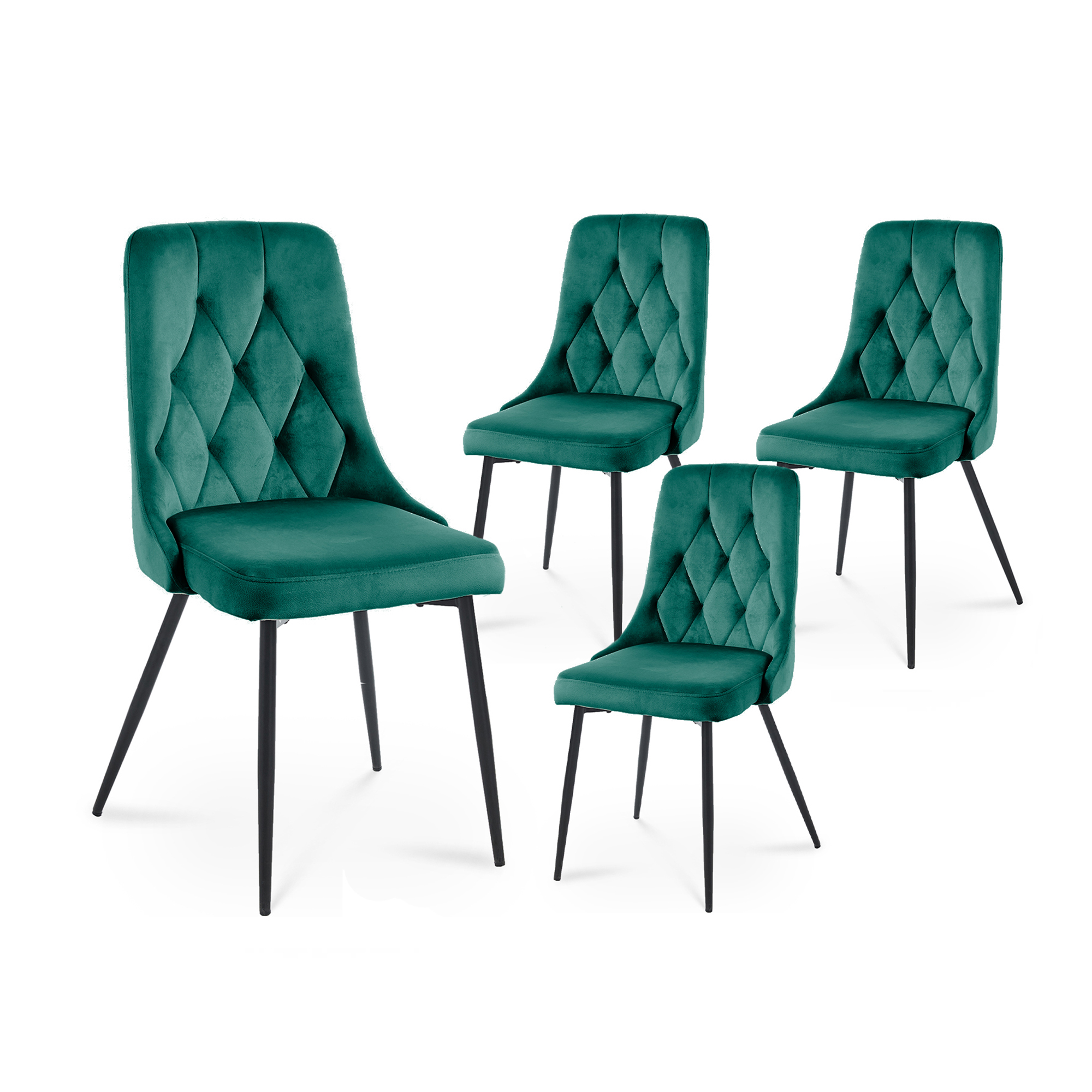 Lot de 4 chaises en velours vert pieds en métal noir
