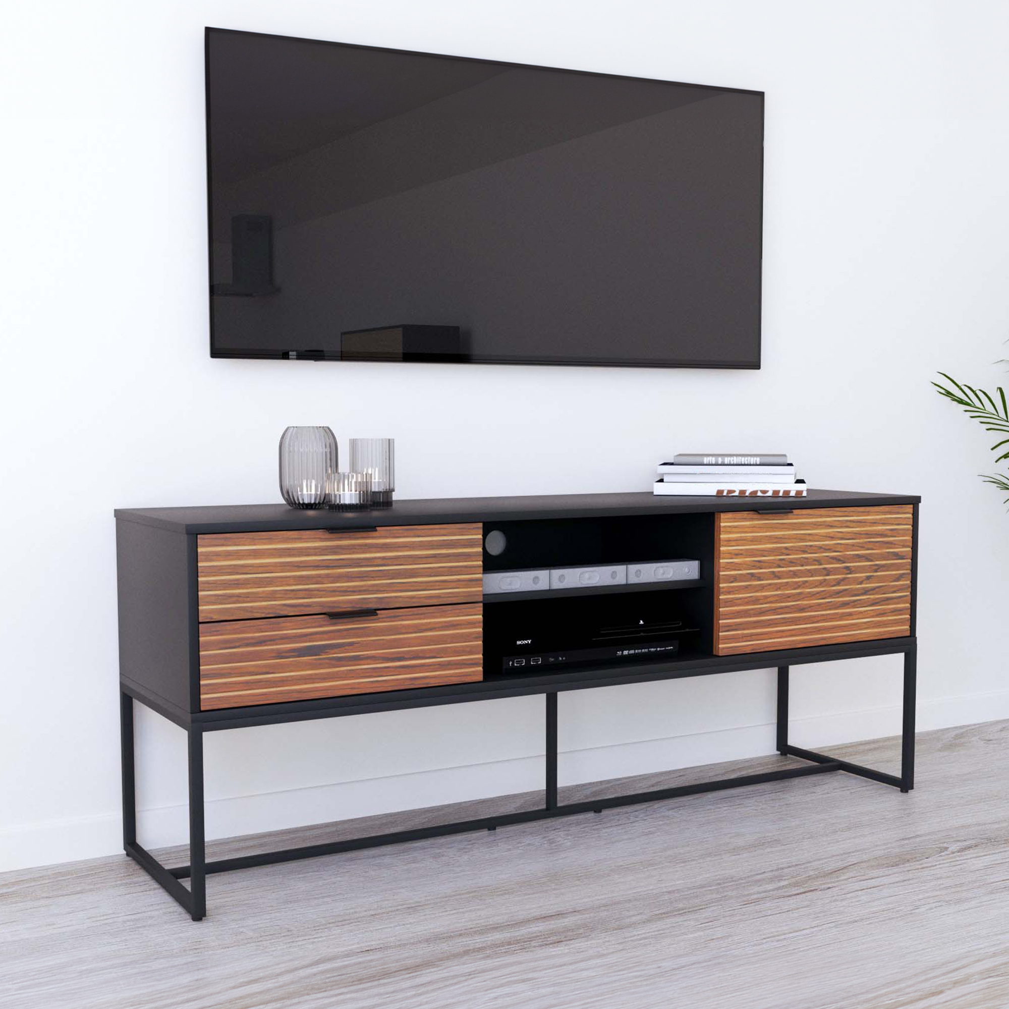 Meuble TV industriel 2 tiroirs 1 porte en bois noyer et métal noir