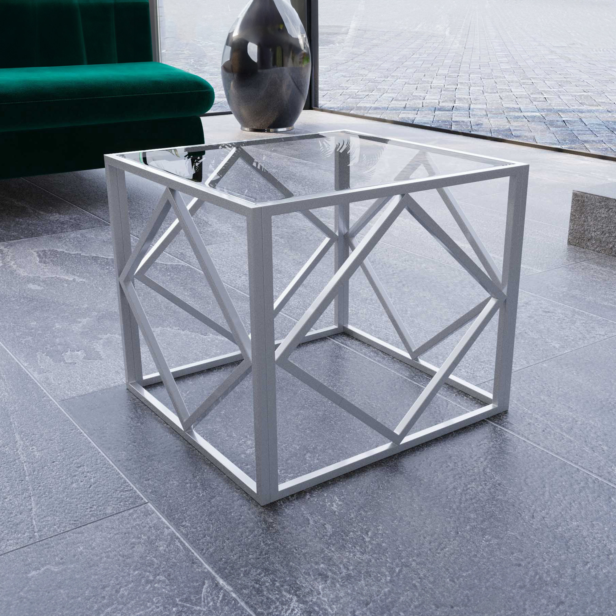 Table basse carrée en verre et métal argenté