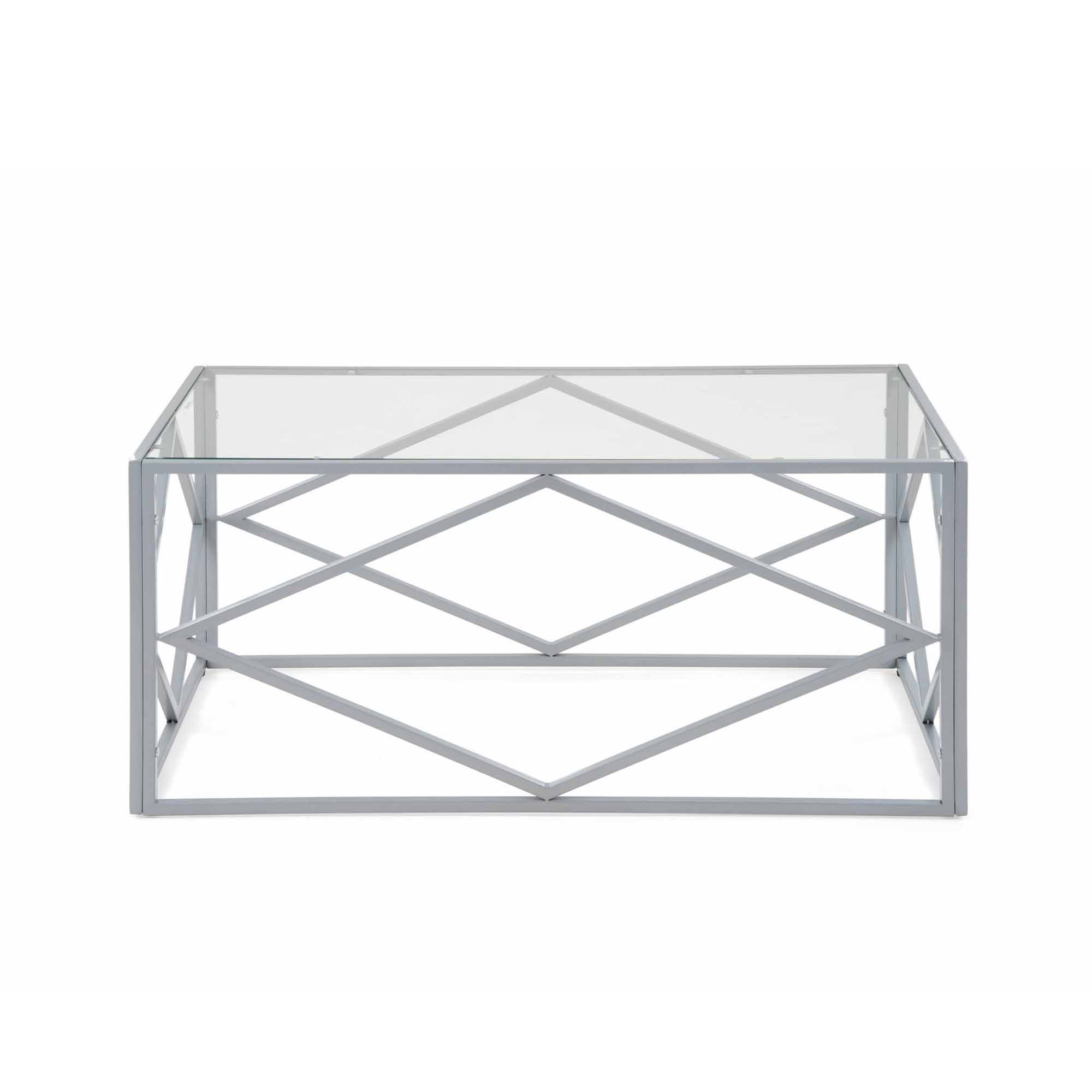 Table basse rectangulaire en verre et métal argenté