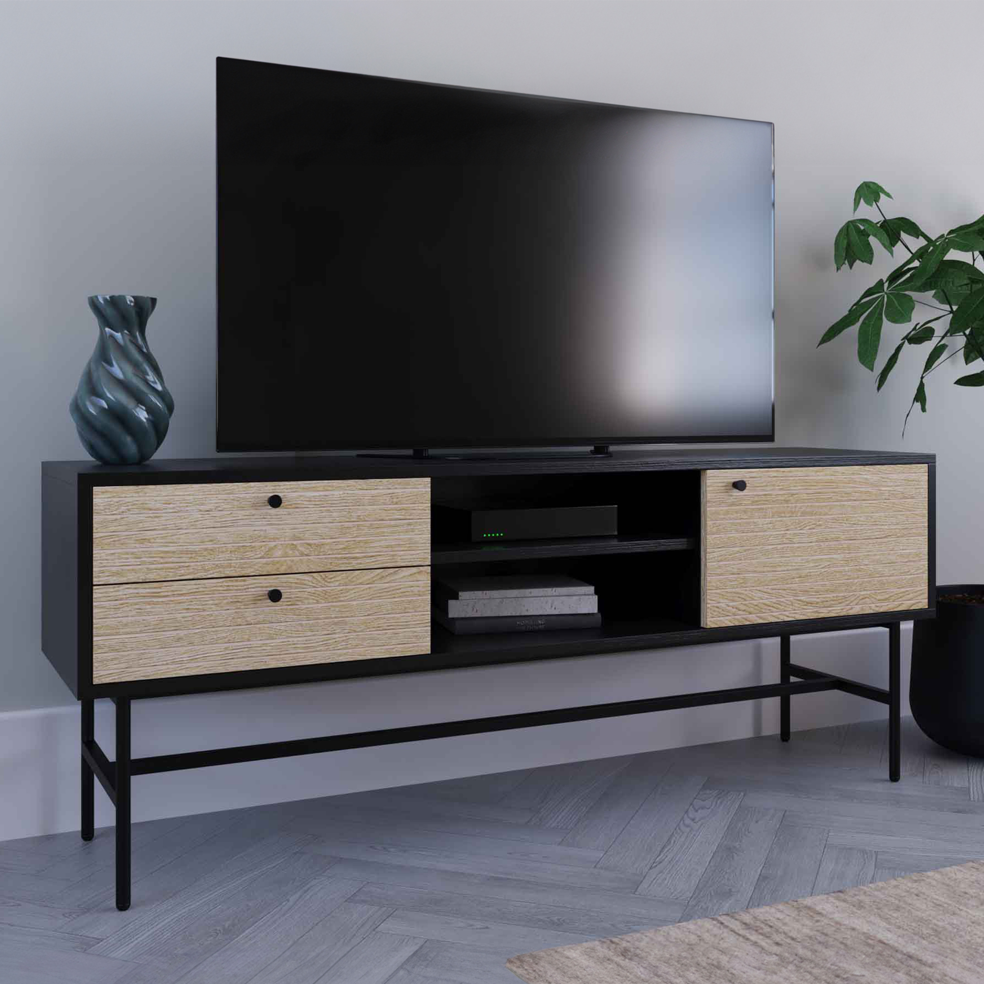 Meuble TV industriel 2 tiroirs et 1 porte en bois et métal noir