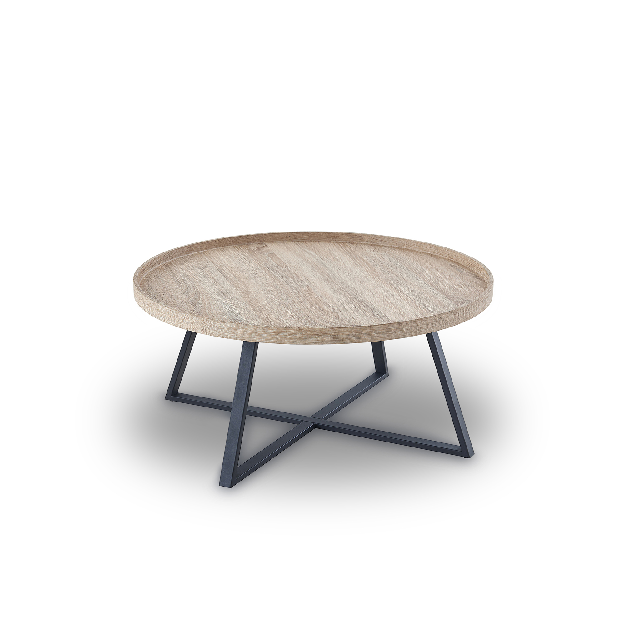 Table basse ronde en bois clair piètement en métal noir
