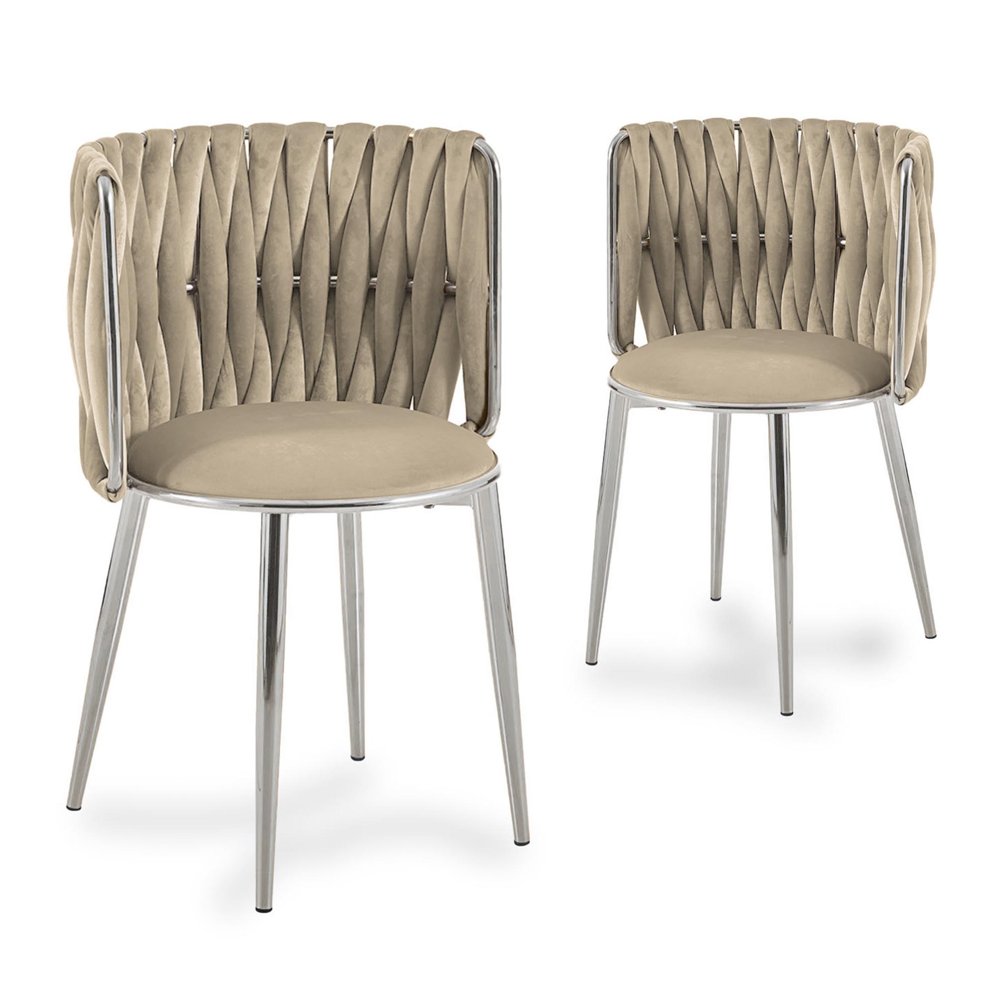 Lot de 2 chaises design en velours beige et pieds argentés