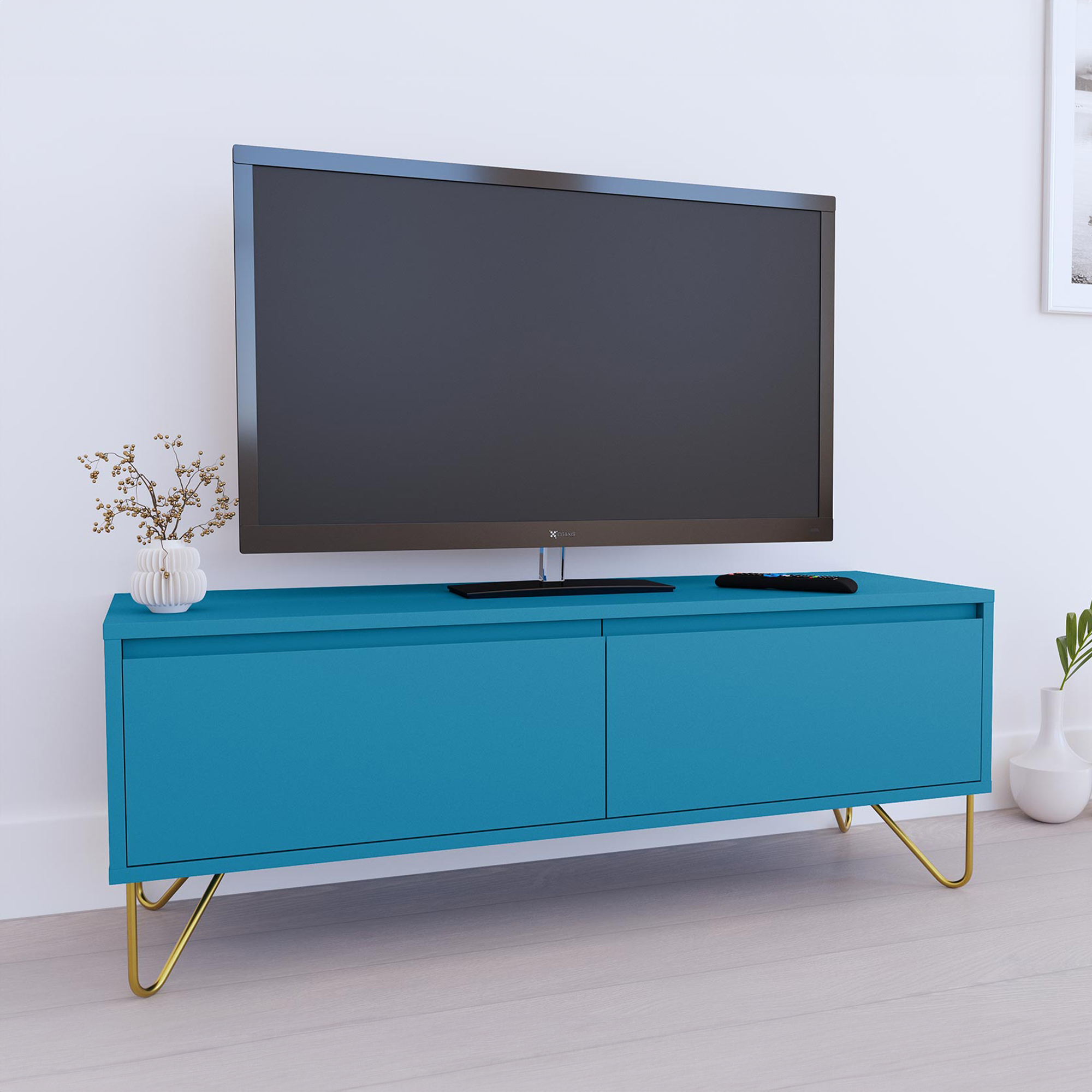 Meuble TV bleu canard composé de 1 tiroir et 1 porte design