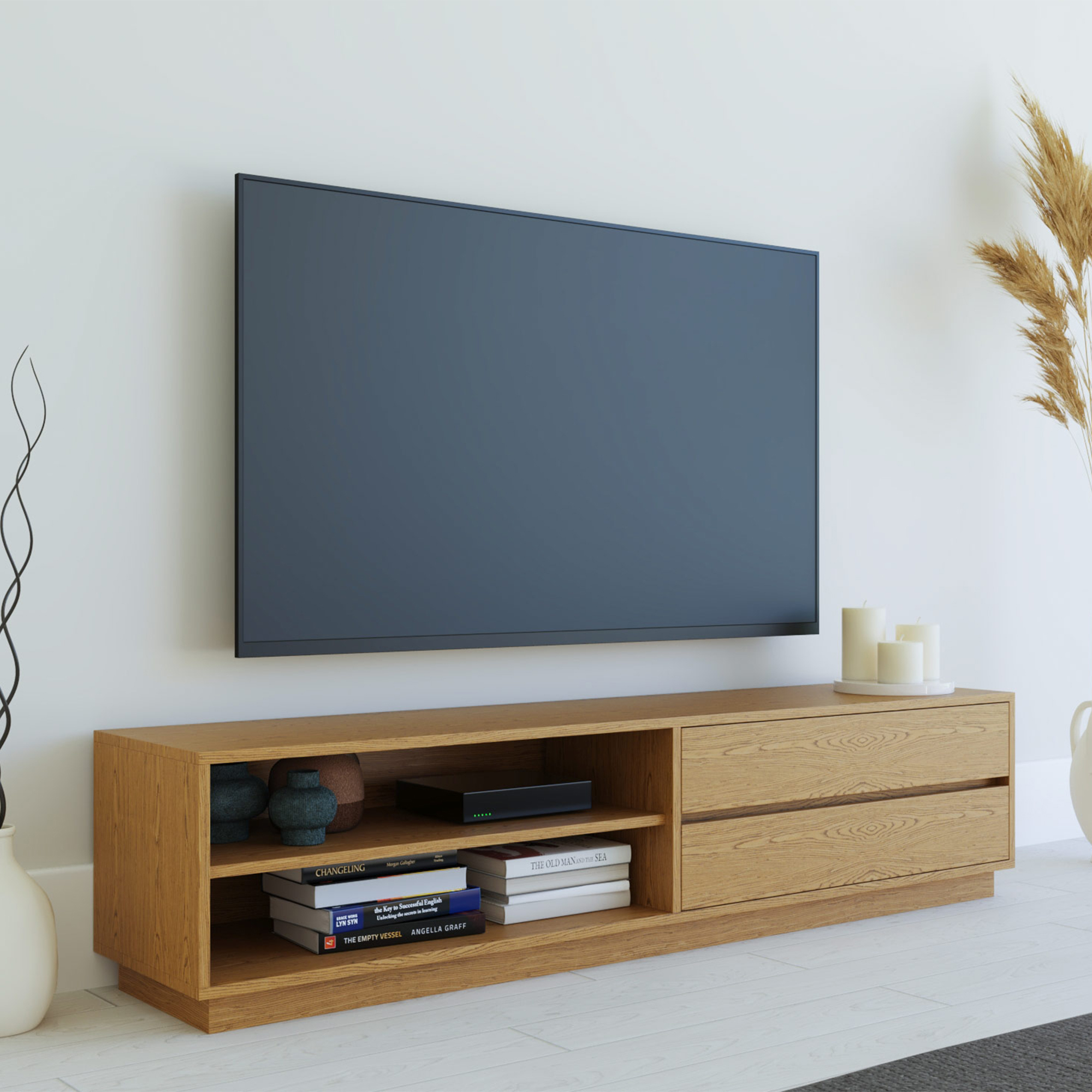 Meuble TV design 2 tiroirs en bois couleur chêne