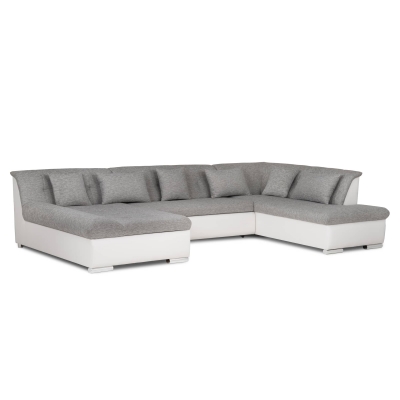 Canapé d'angle gauche panoramique convertible en tissu gris et simili blanc