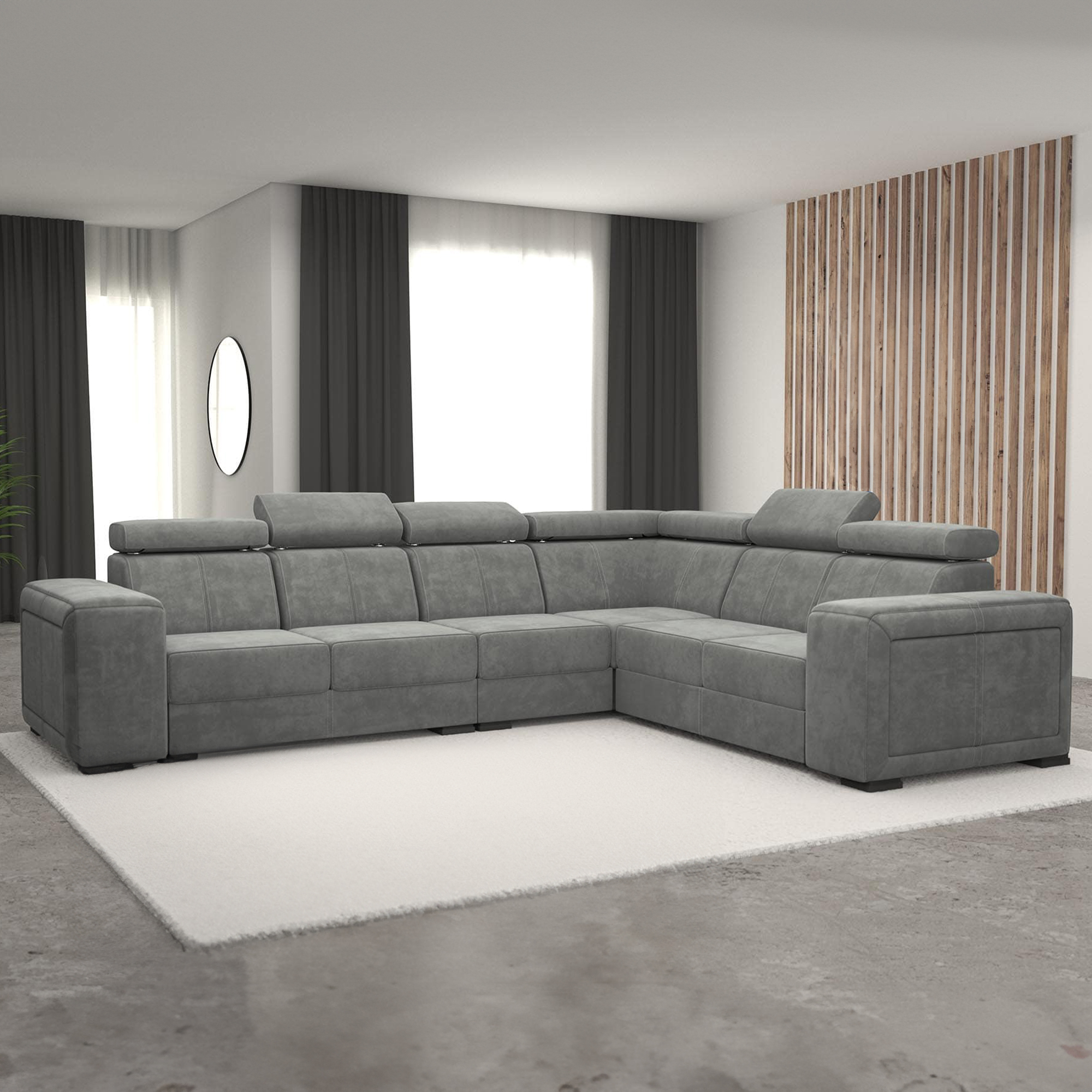 Canapé d'angle Annalo avec têtières ajustables tissu gris