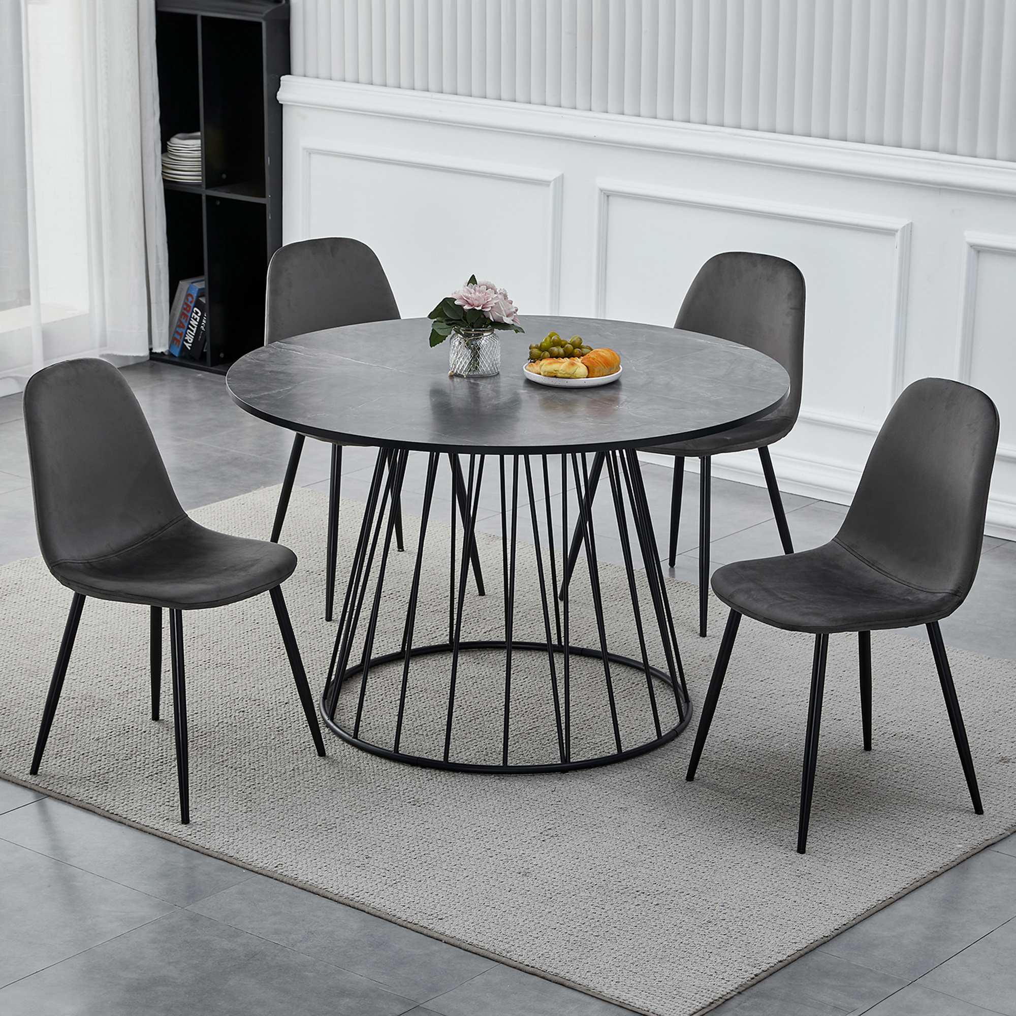 Table à manger ronde effet marbre gris pied central design métal noir